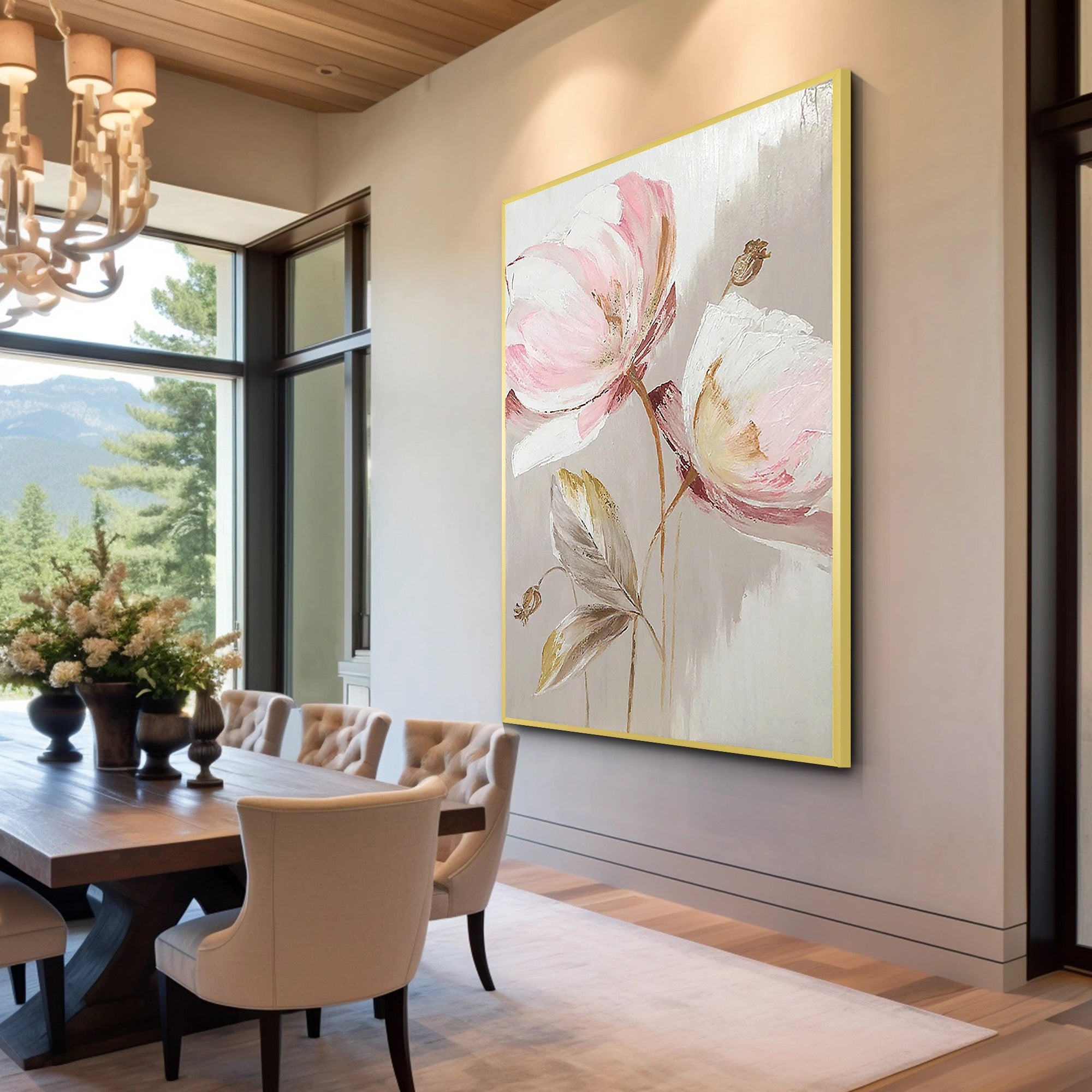 Close view of modern abstract floral artwork with pink tones