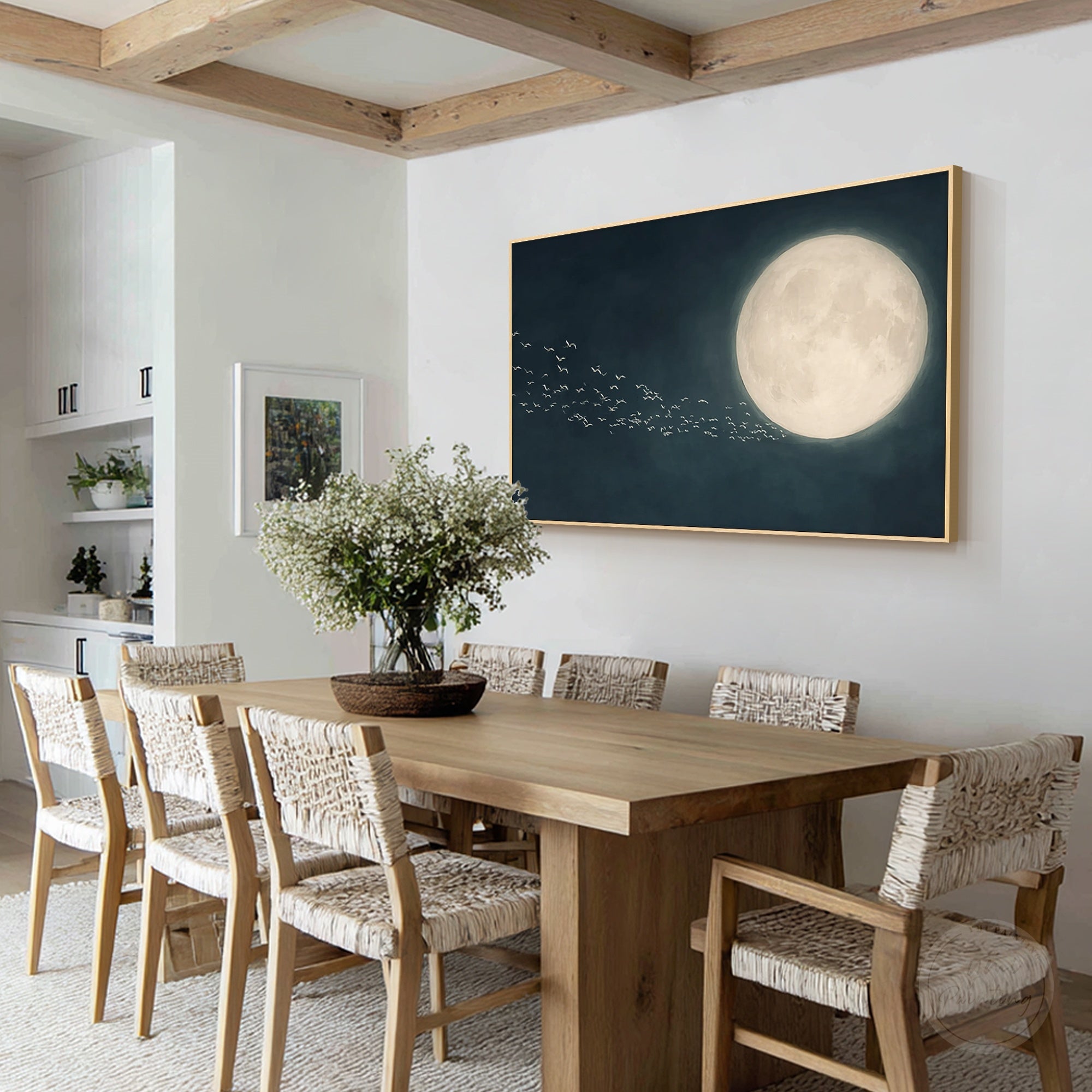 Peaceful moonlight artwork with flying birds