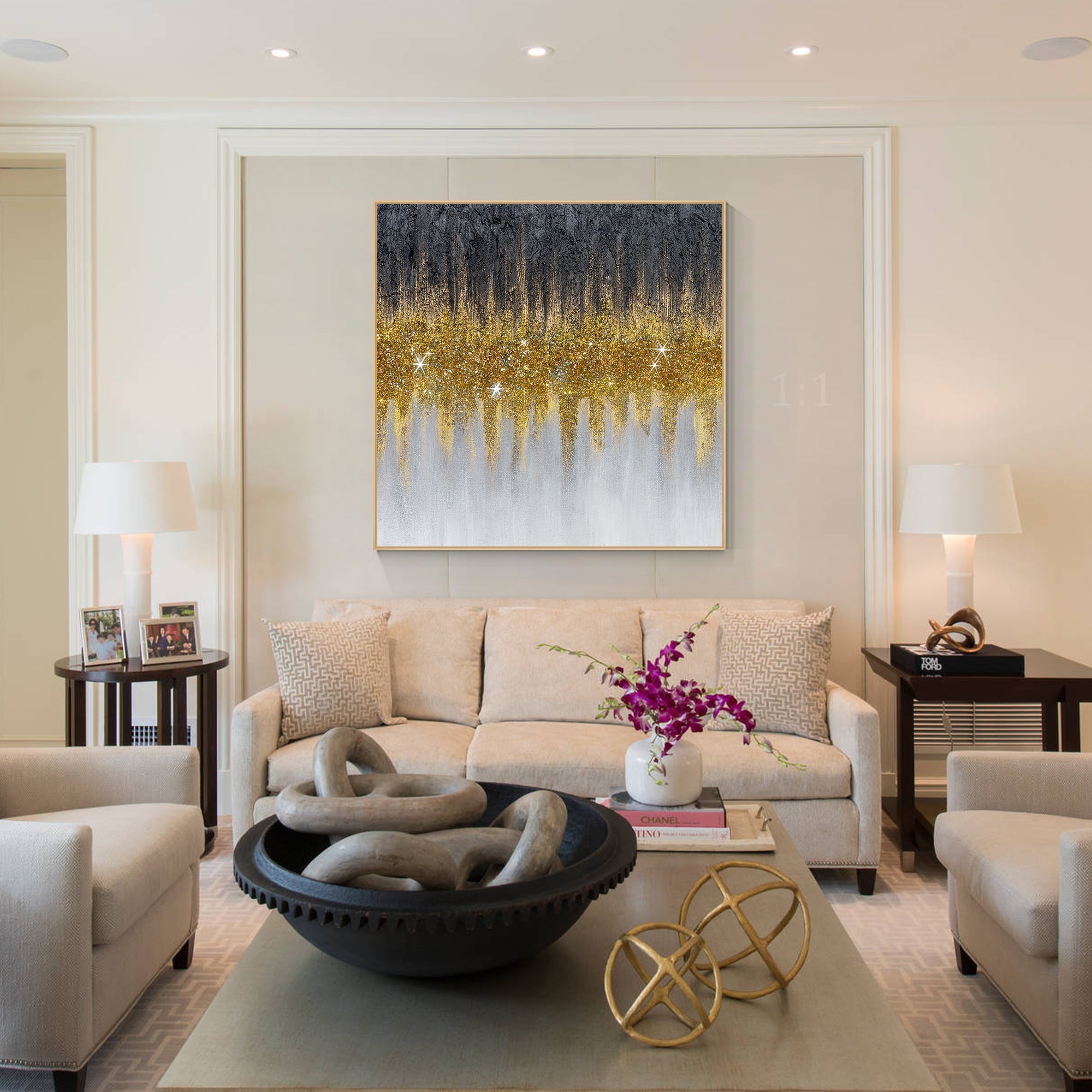 Modern wall art featuring dense glitter in the gray section