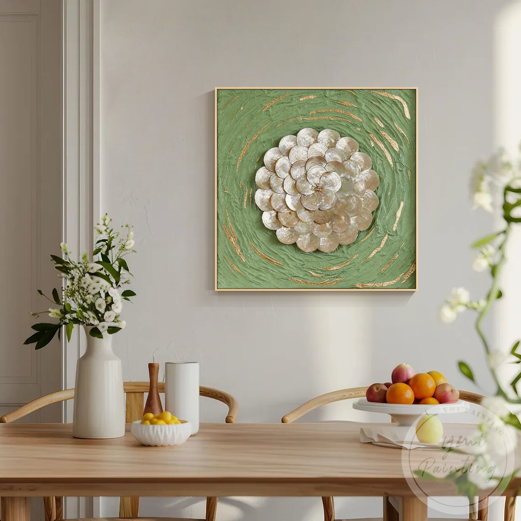 Textured floral relief painting green background