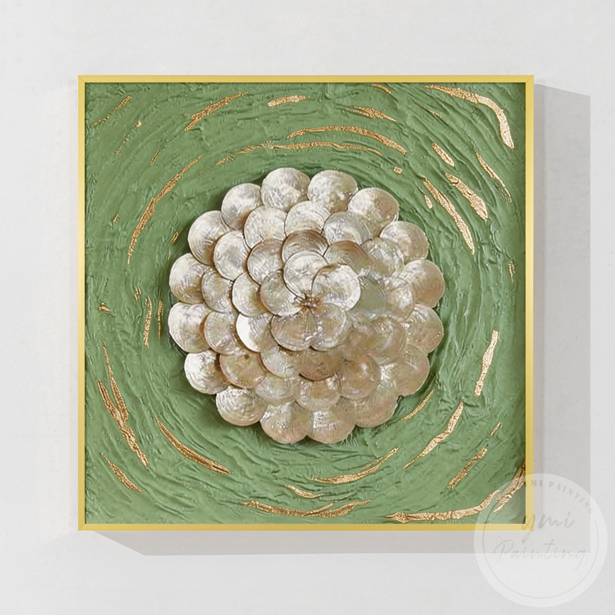 Green and gold textured floral shell wall art