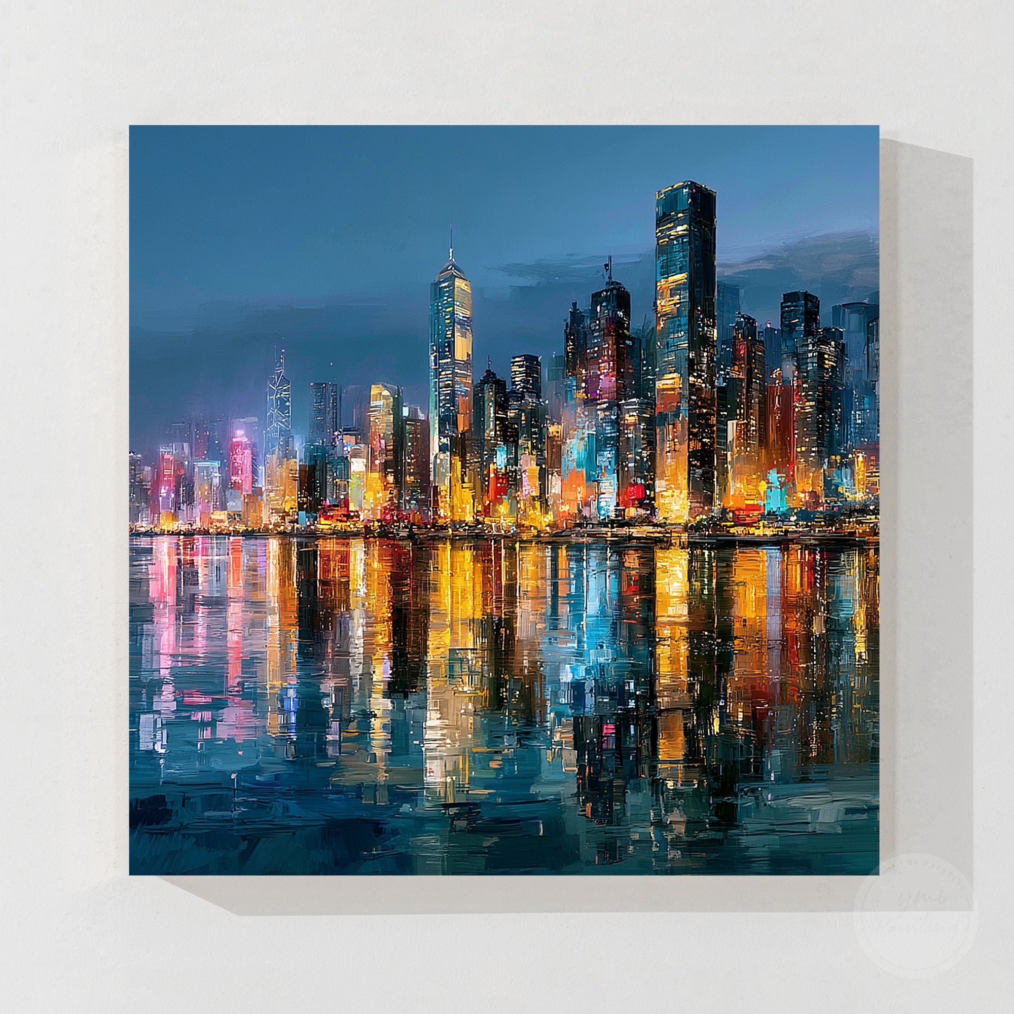 Hong Kong night skyline canvas with colorful reflections