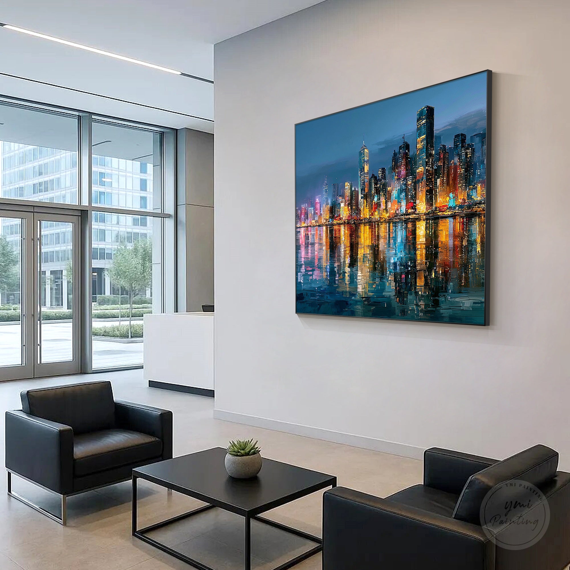 Hong Kong night skyline canvas with colorful reflections