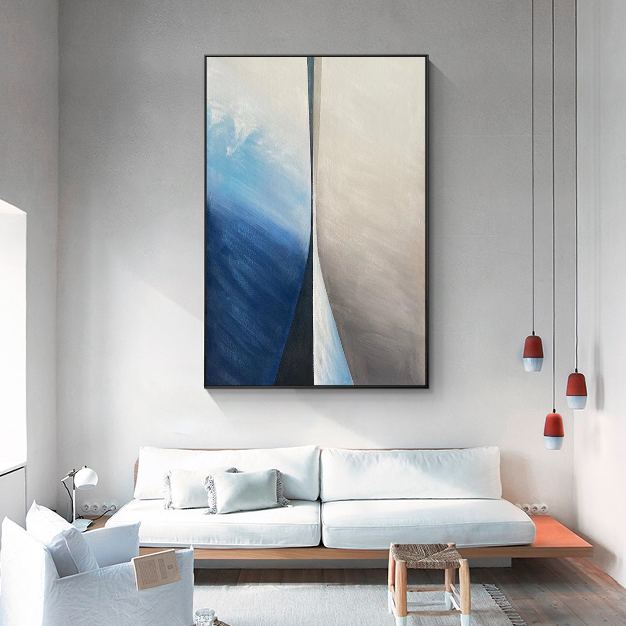 Ymipainting Hand-Painted Minimalist Blue and Beige Abstract Wall Art