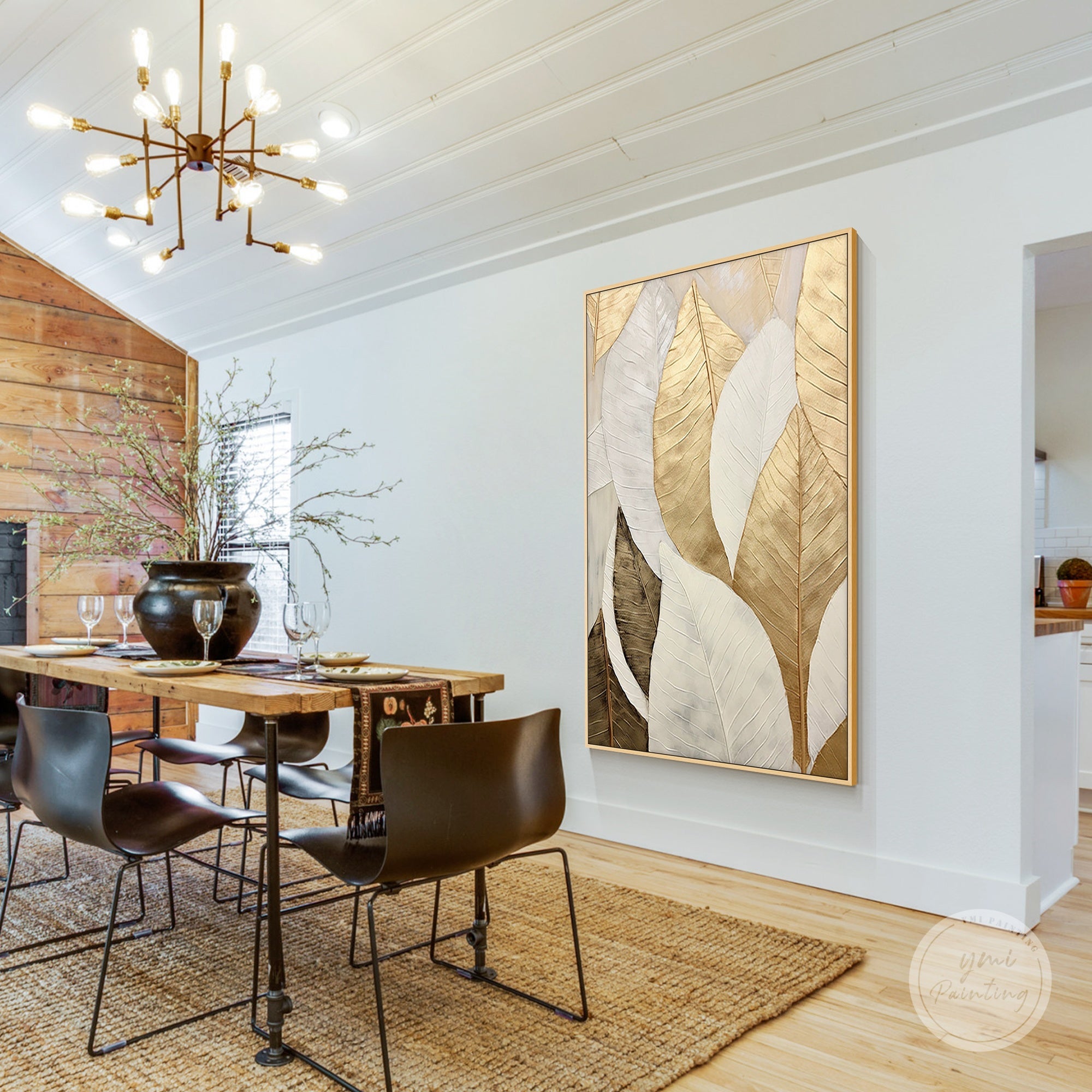Gold and white leaf wall art enhancing a modern dining room interior