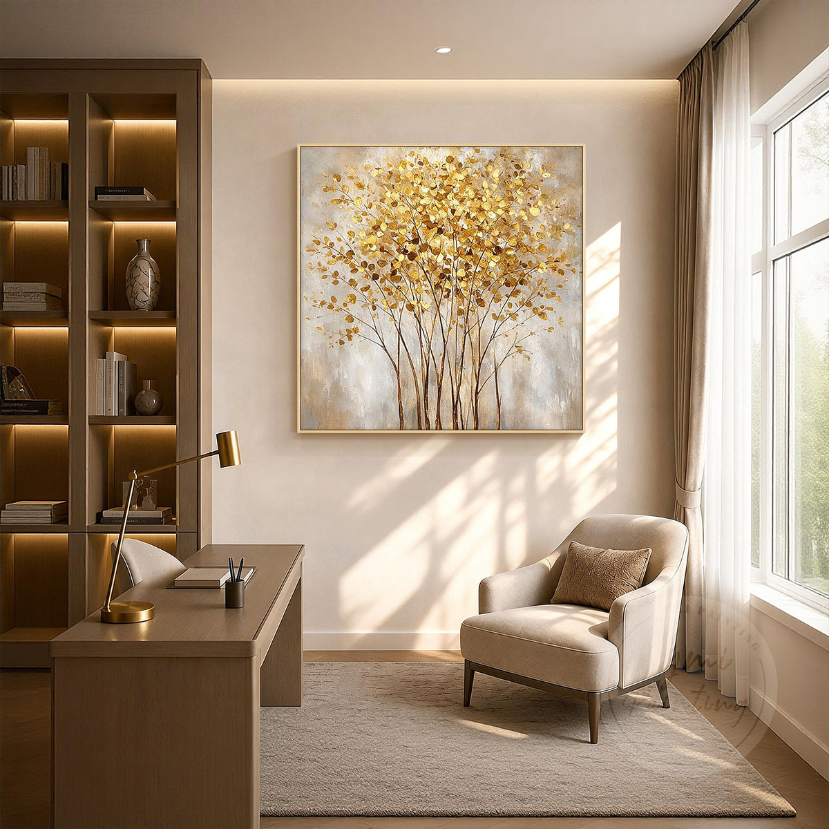 Champagne gold botanical painting with cream, ivory, beige, and warm brown tones.