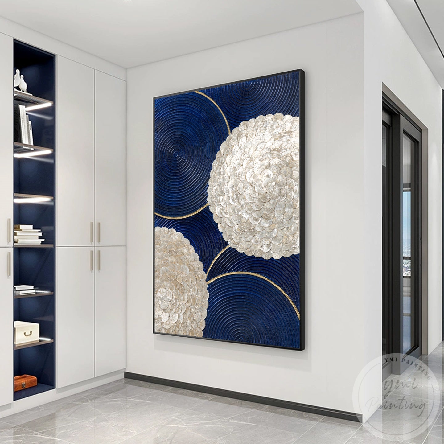 Ivory shell texture and navy abstract wall decor