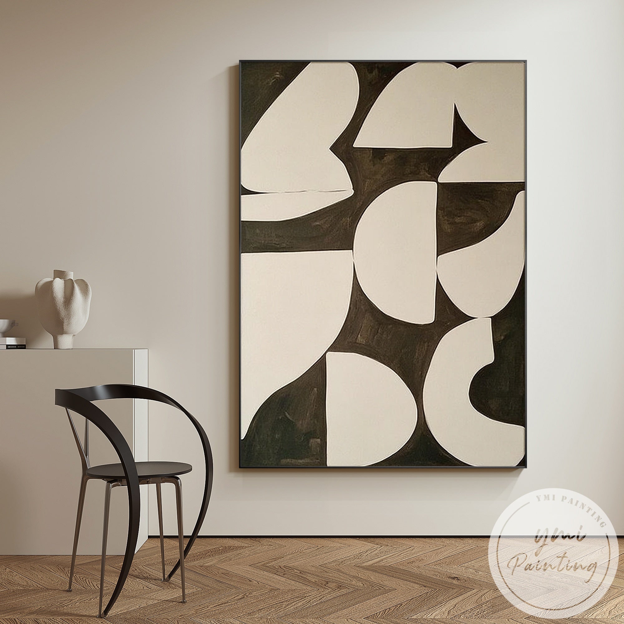 Neutral tone abstract artwork featuring curved beige blocks