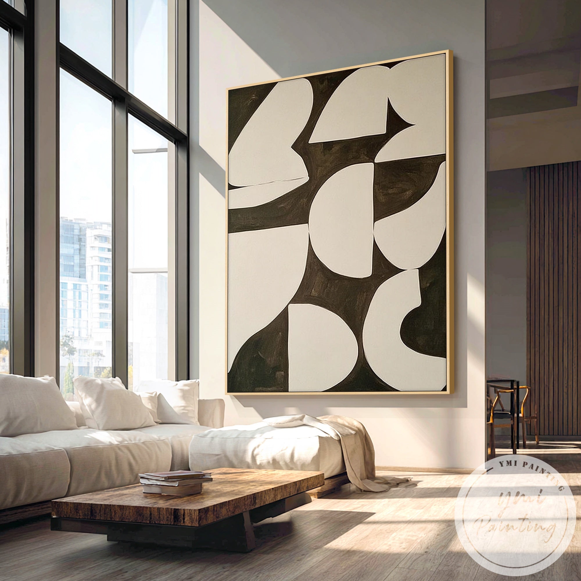 Minimal abstract shapes on textured dark background canvas