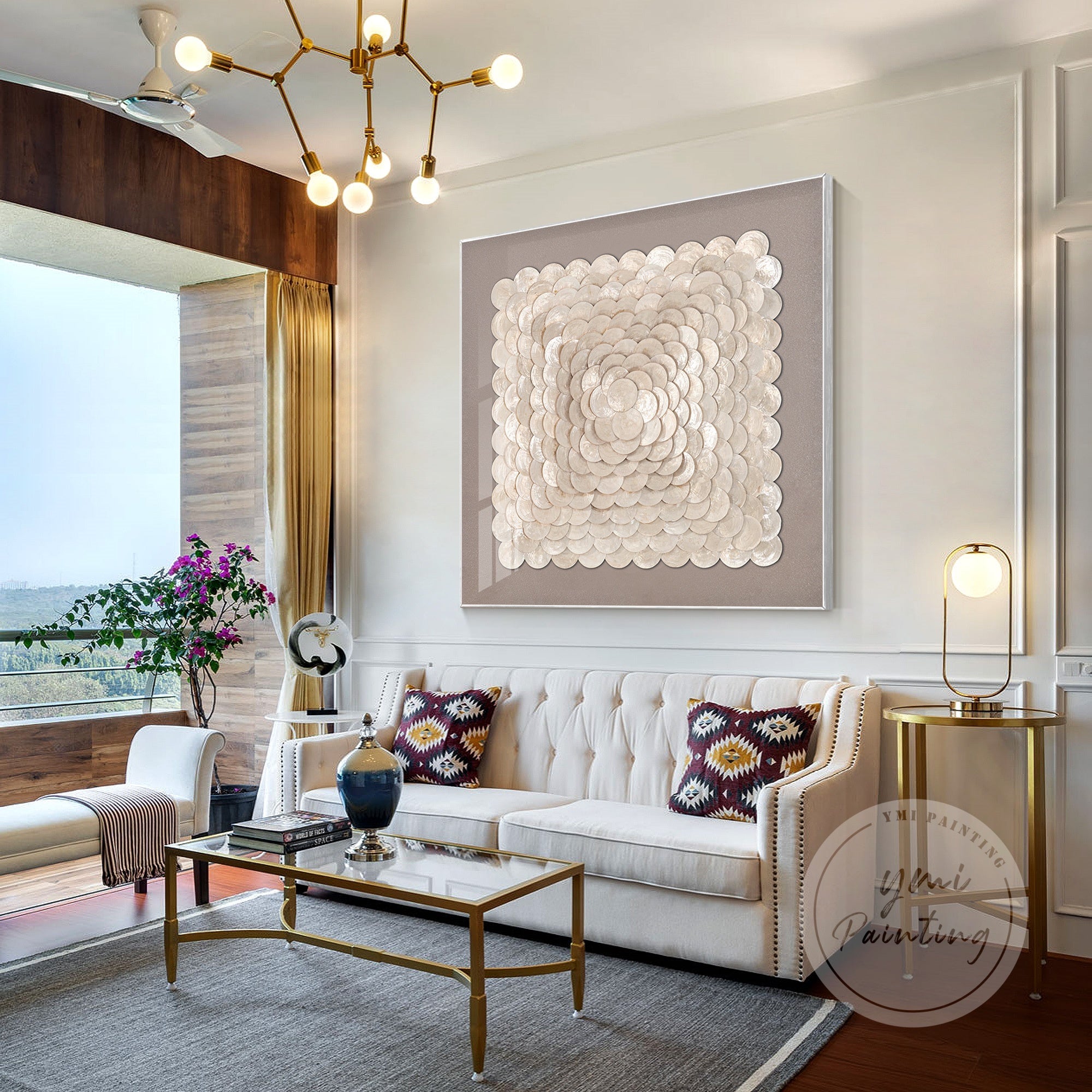 Luxurious mother of pearl shell painting with gold accents
