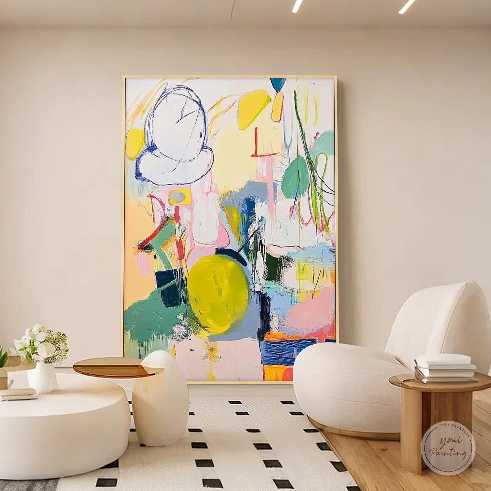 Modern multicolour abstract wall art featured in a living room