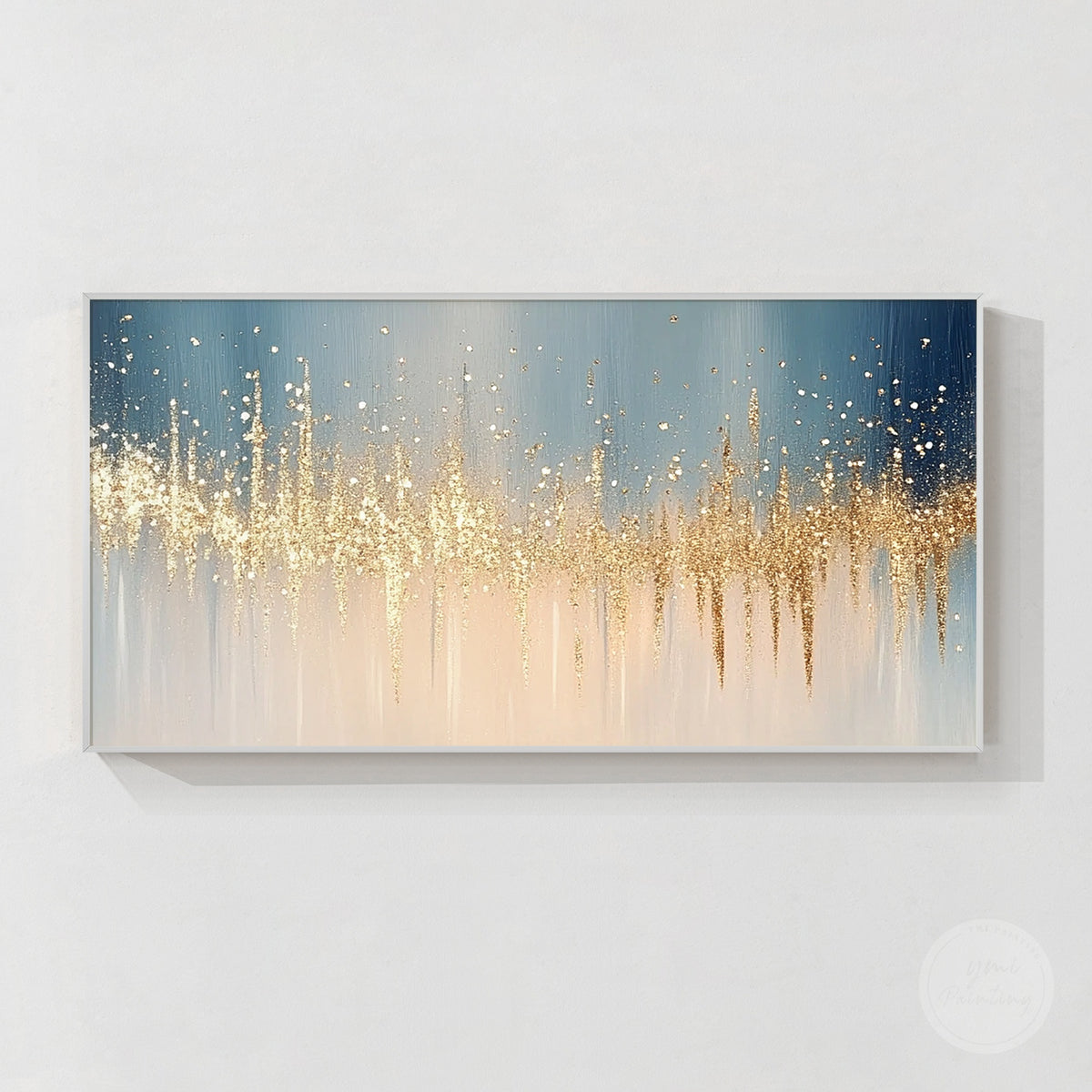 Large horizontal abstract artwork in navy blue, gray, ivory and metallic gold