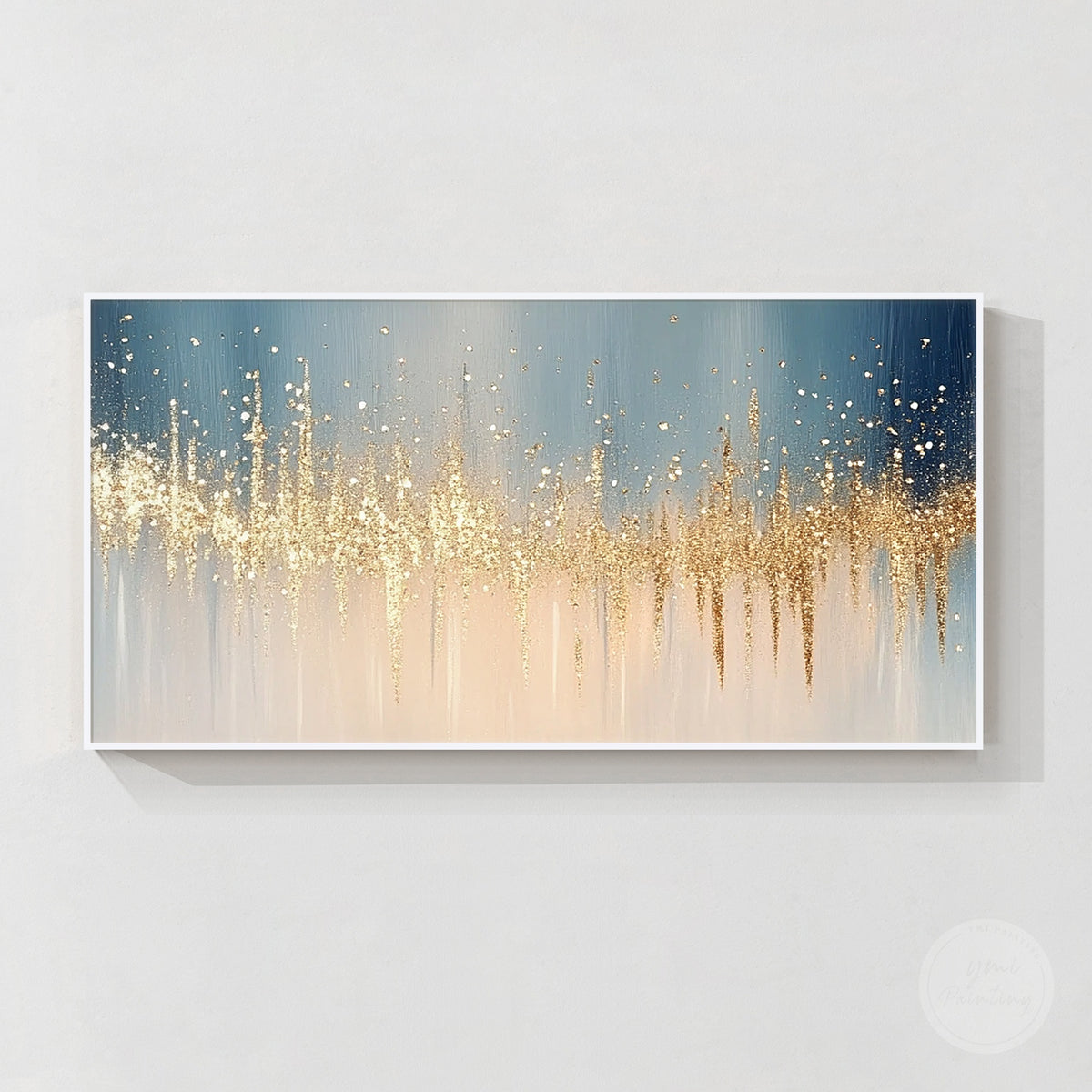 Luxury abstract wall art featuring navy blue, ivory and metallic gold