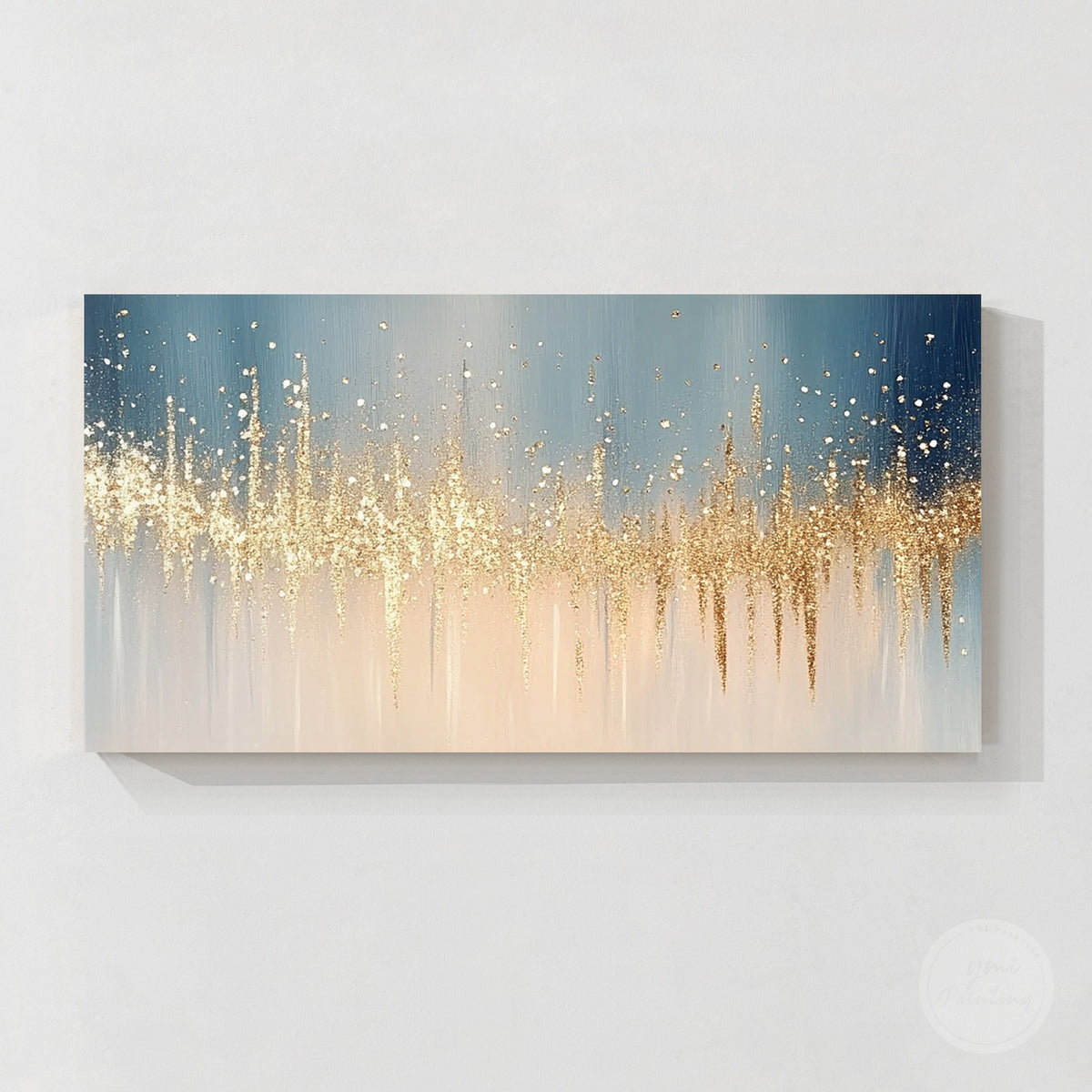 Contemporary blue and gold abstract painting with textured vertical lines
