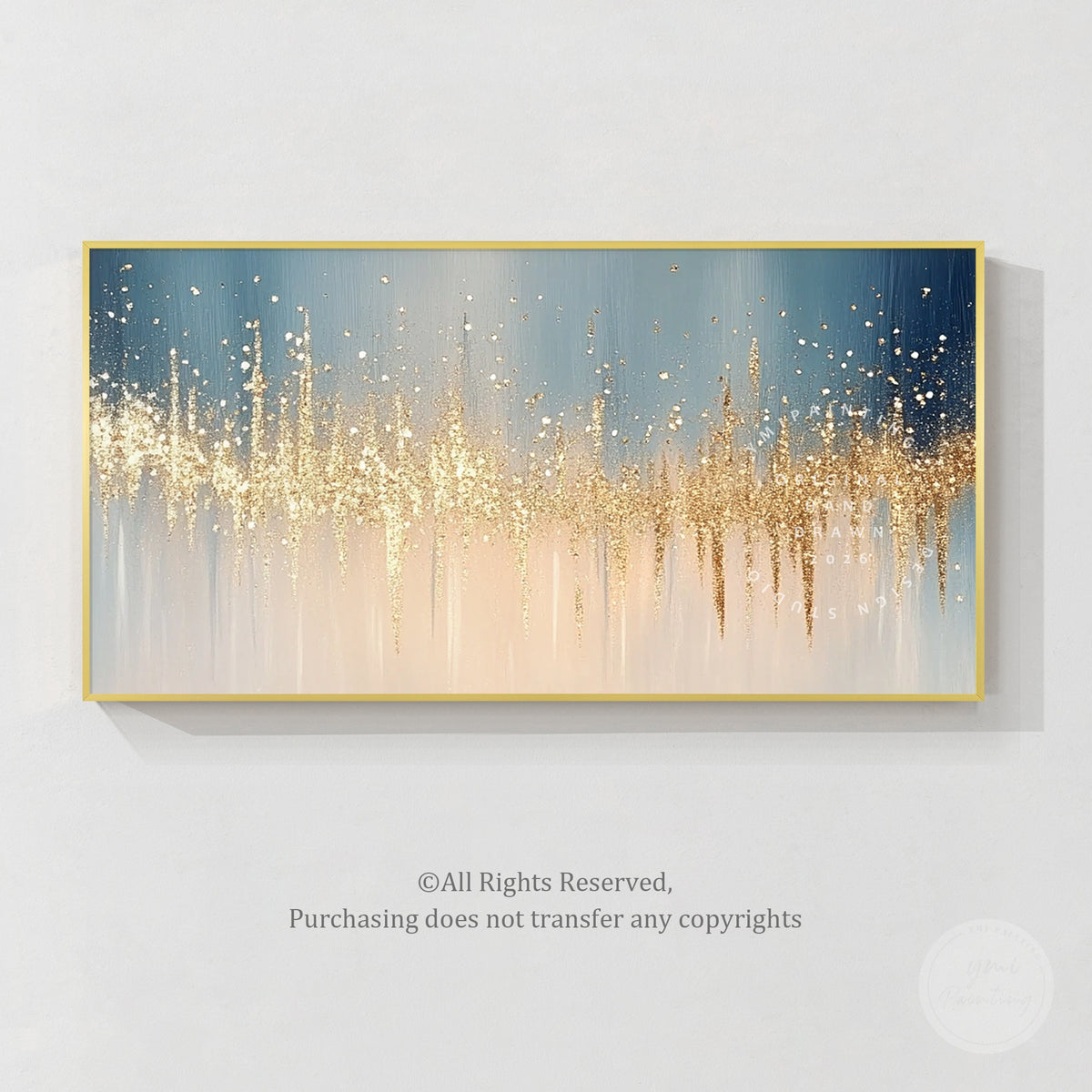 Large navy blue abstract painting with scattered metallic gold accents