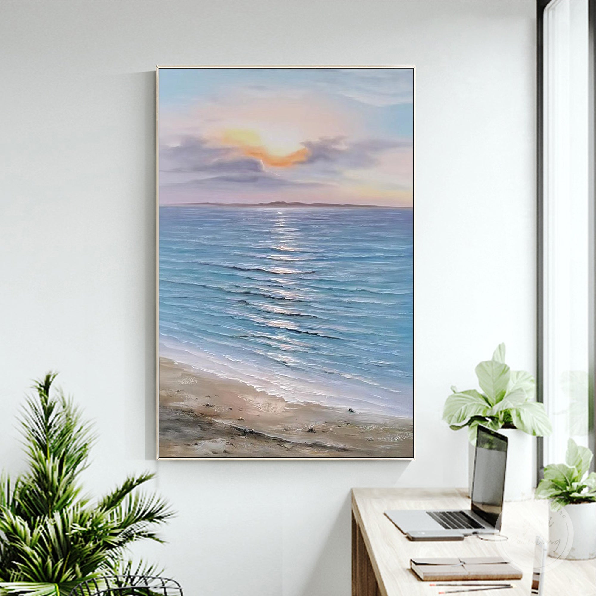 Blue sea sunset artwork for bedroom and study room decor