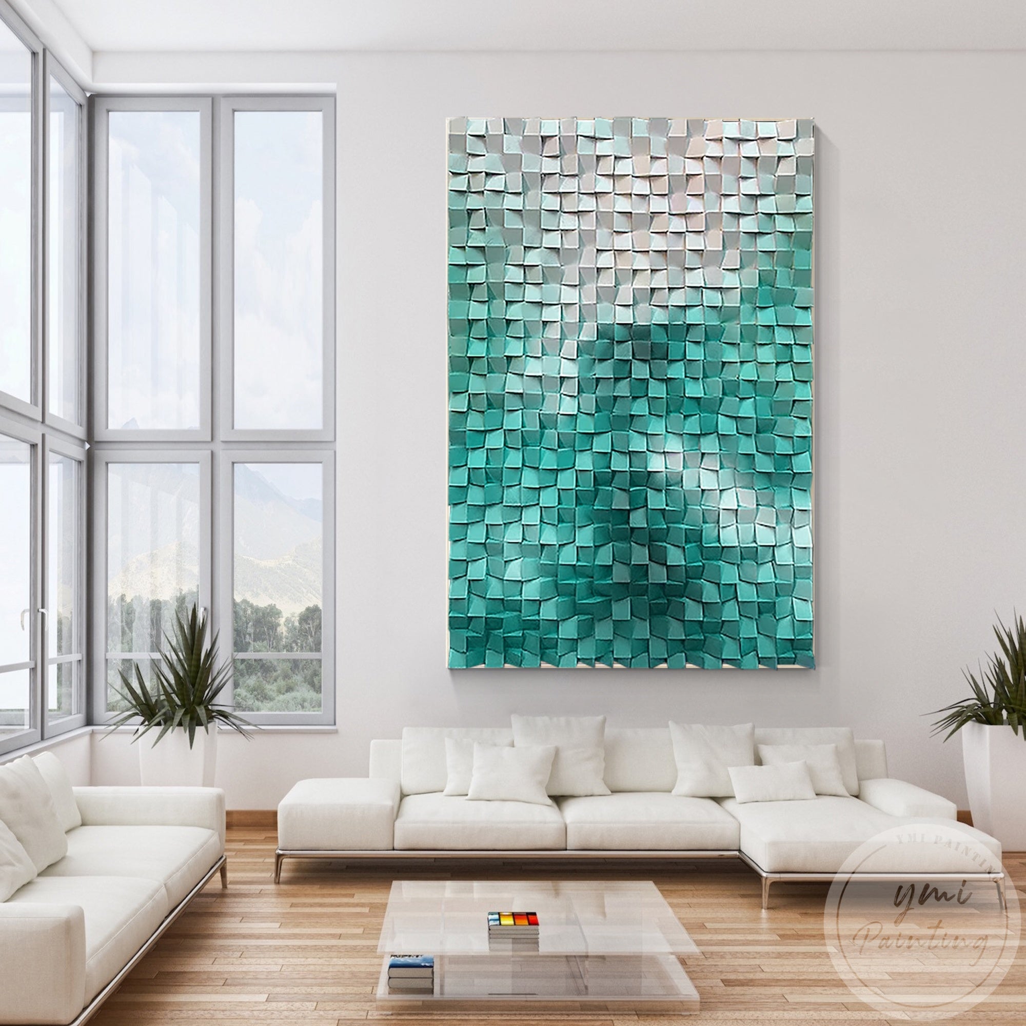 A sleek combination of teal and gray shades arranged in an abstract mosaic design, perfect for enhancing texture in modern living spaces.
