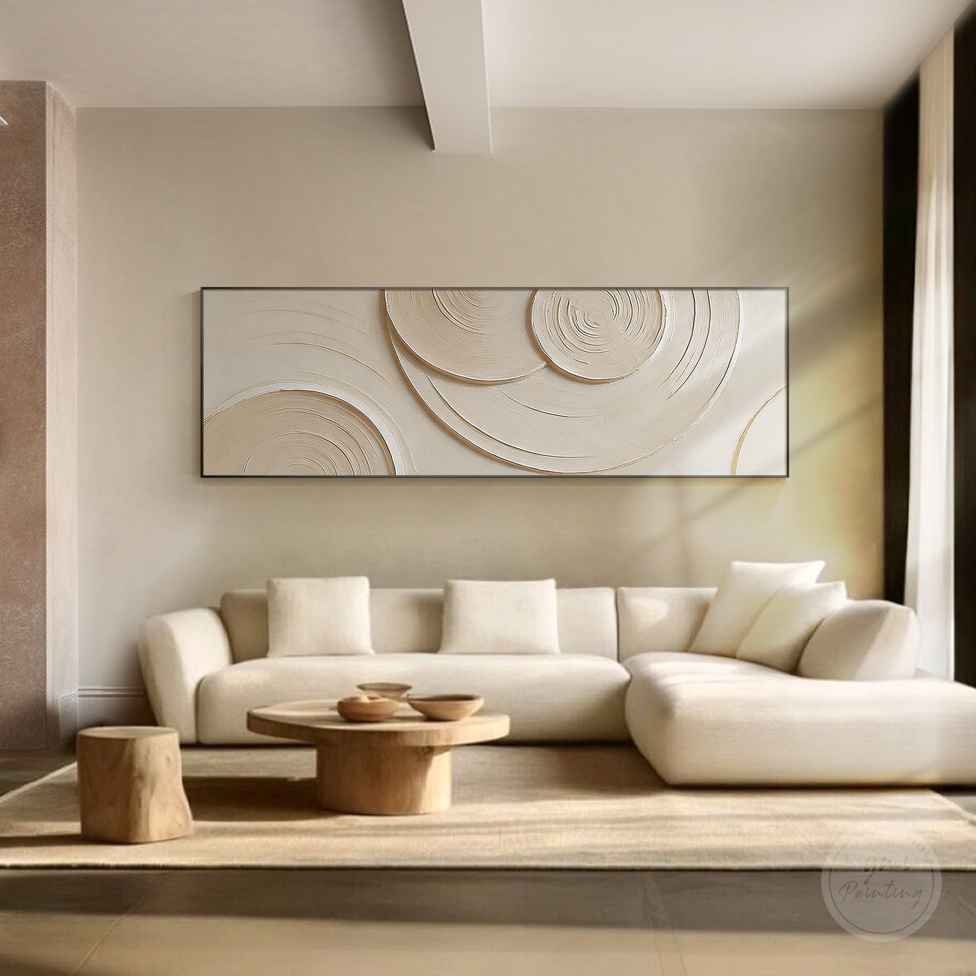 Beige relief painting with layered curved lines