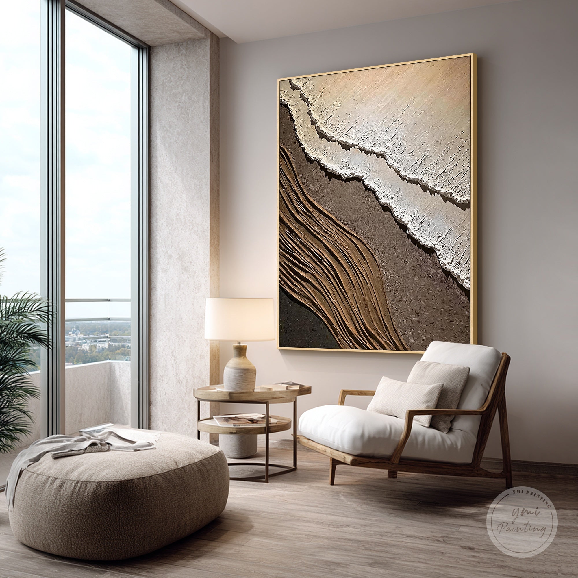 Brown and ivory abstract layered canvas artwork
