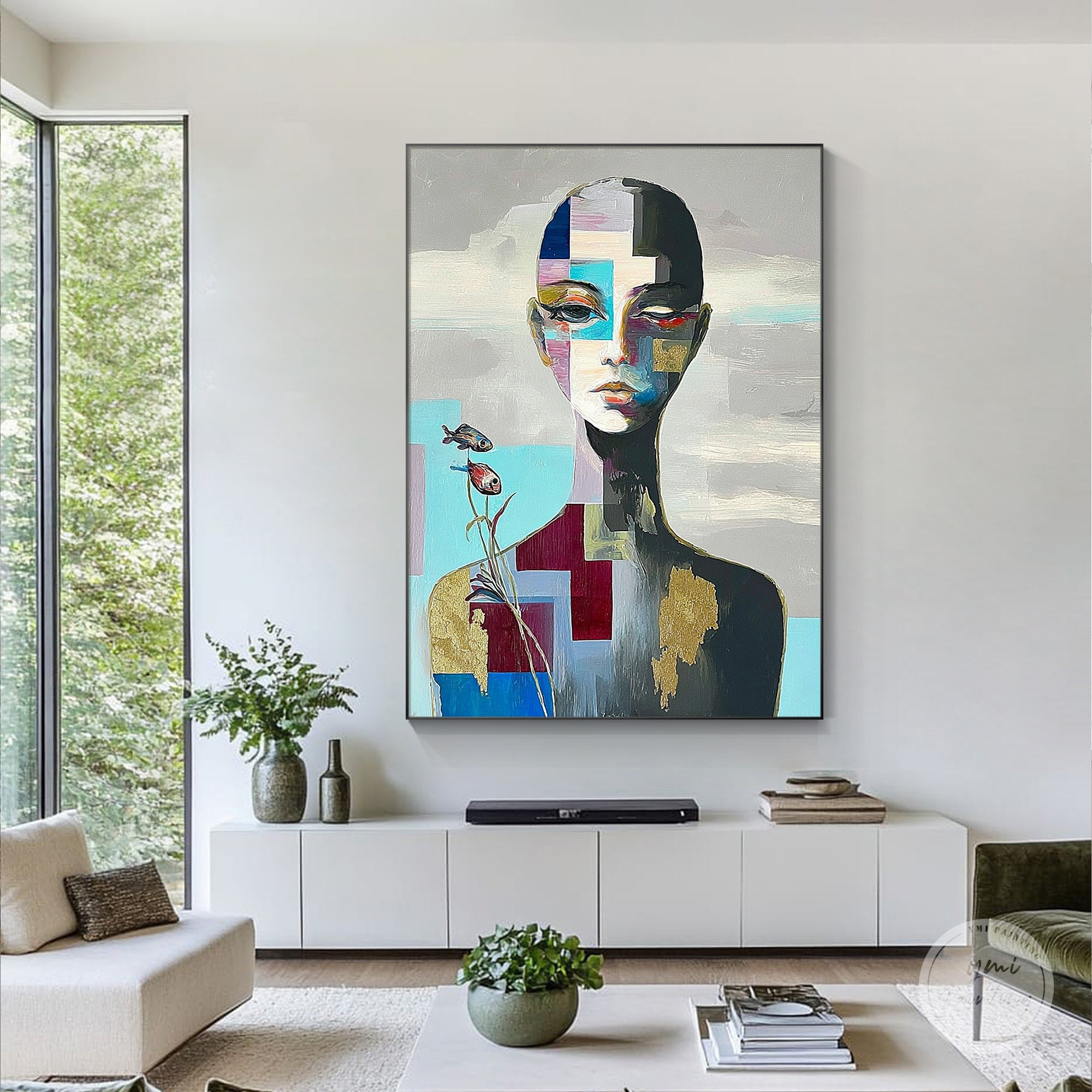Pintura abstracta geométrica de un rostro exhibida en una sala moderna con luz natural brillante.