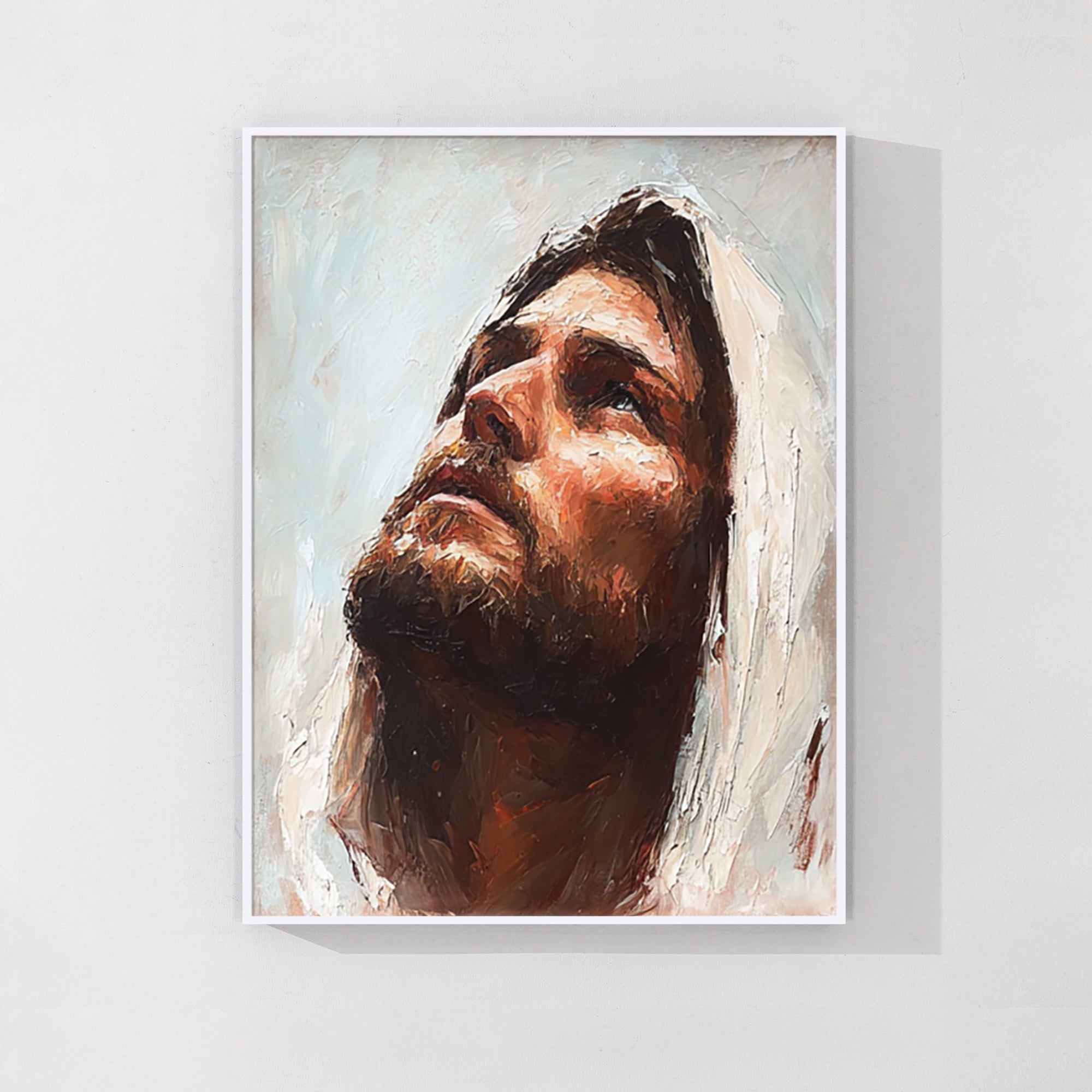 Abstract Jesus portrait wall art above fireplace in modern living room interior.