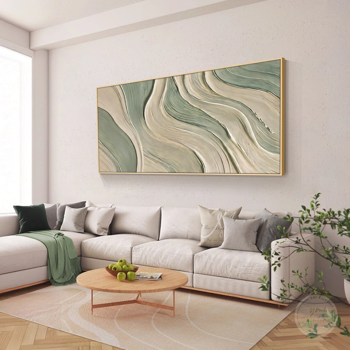 Beige and green modern abstract wall artwork