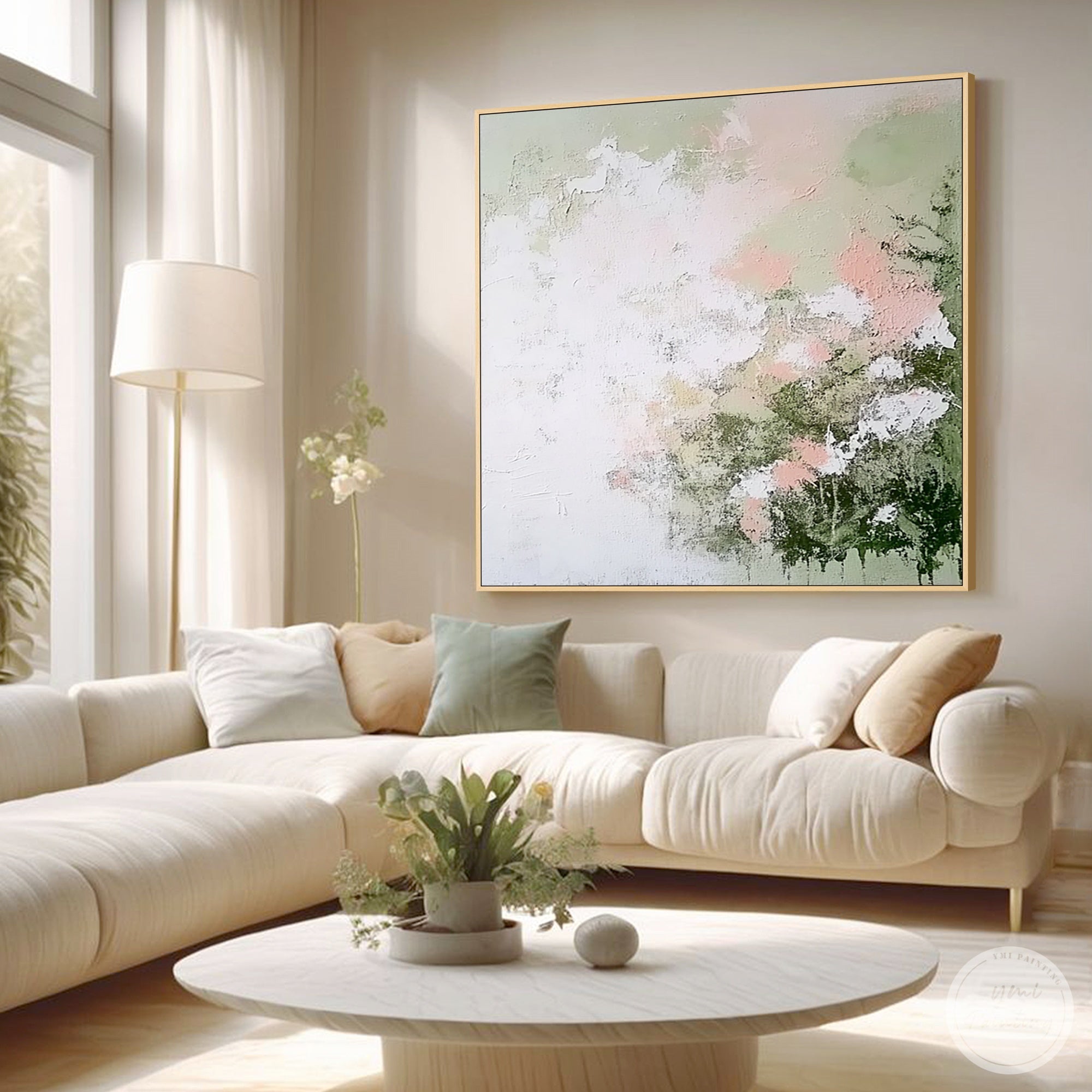 Pink and green abstract canvas painting featured in a modern living room