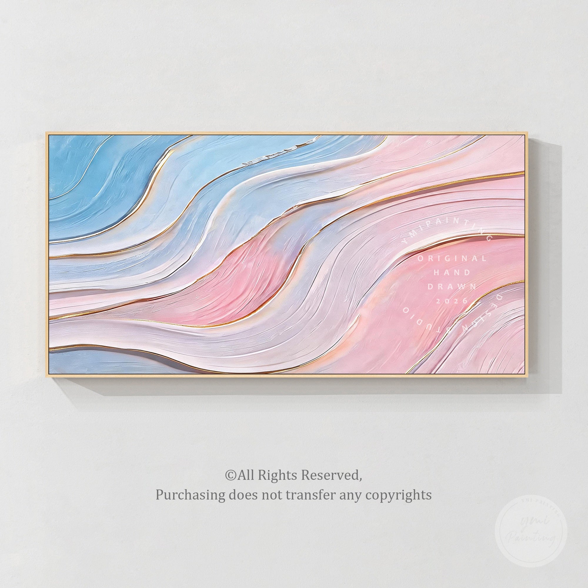 Pastel pink blue abstract wall art with flowing lines and gold accents on a modern white wall