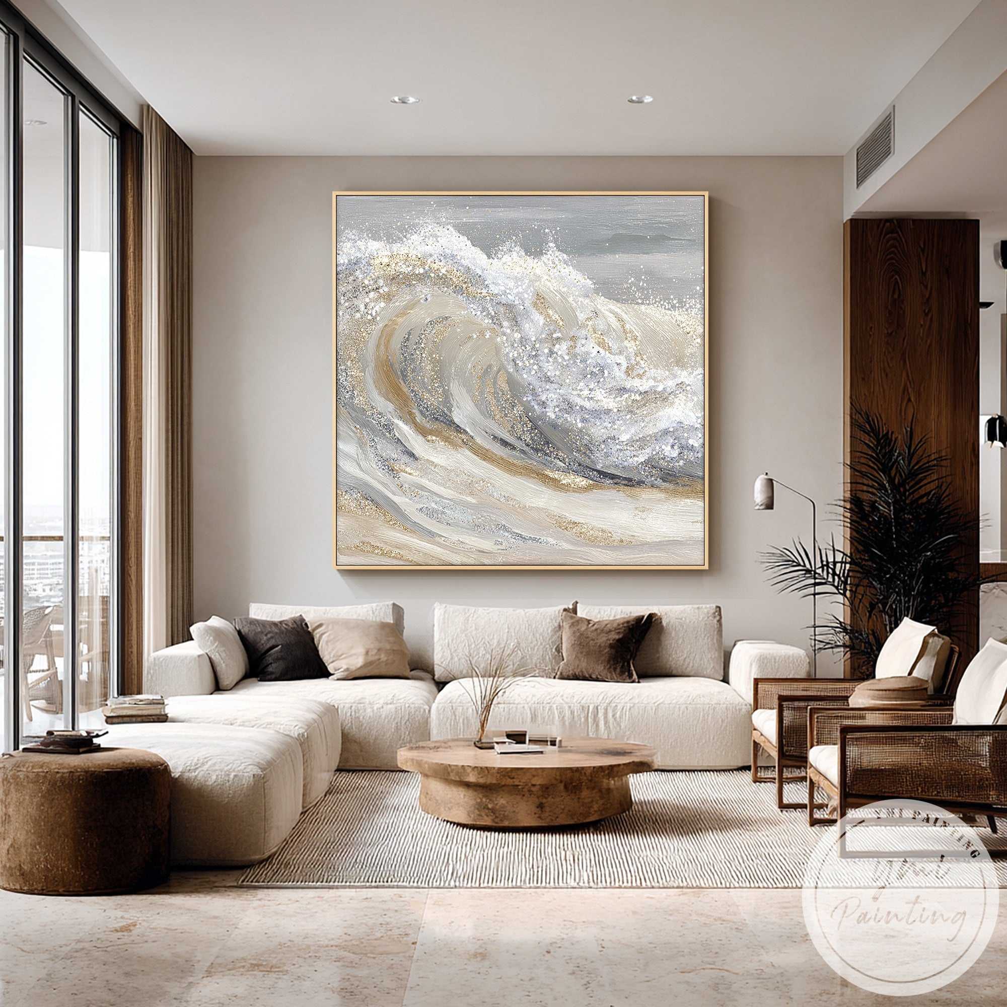 Gold and beige textured wave painting in minimalist Scandinavian living room interior