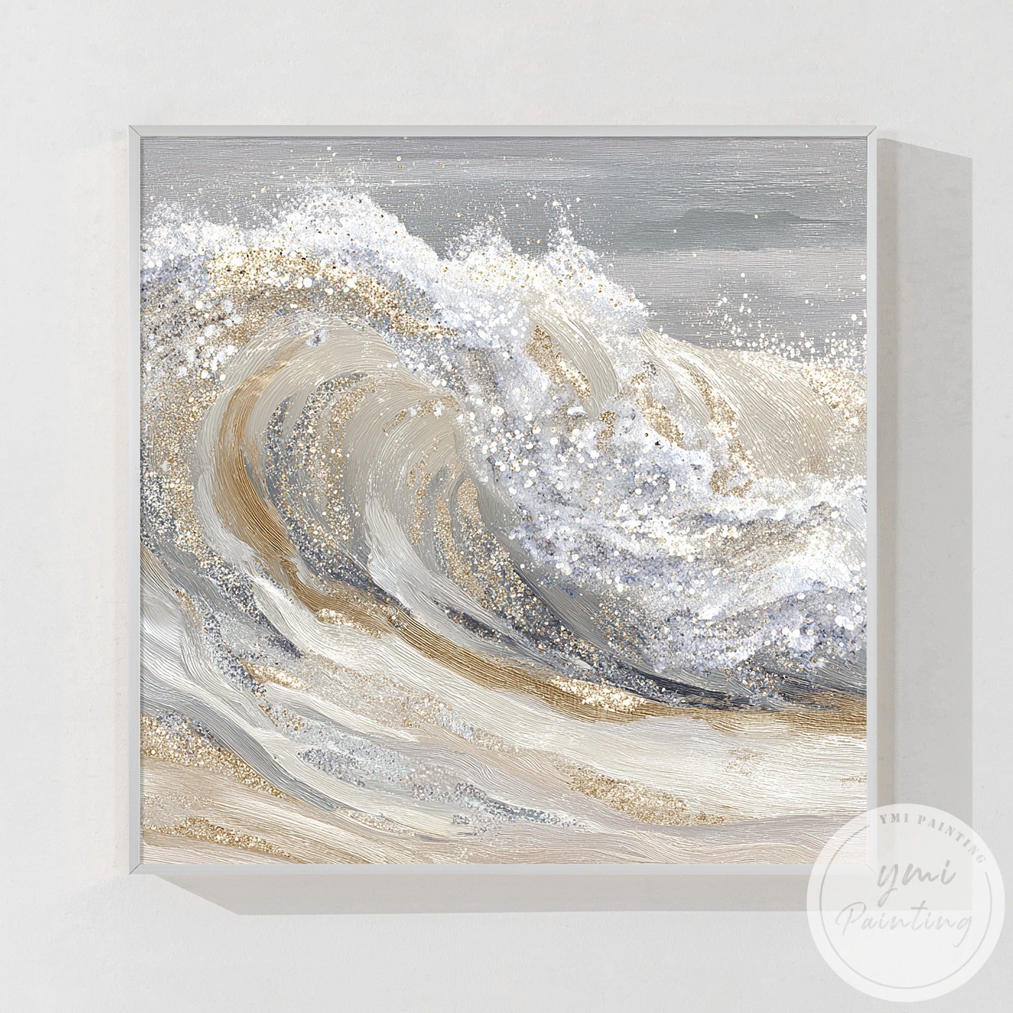 Modern abstract seascape wall art in luxury minimalist office interior space