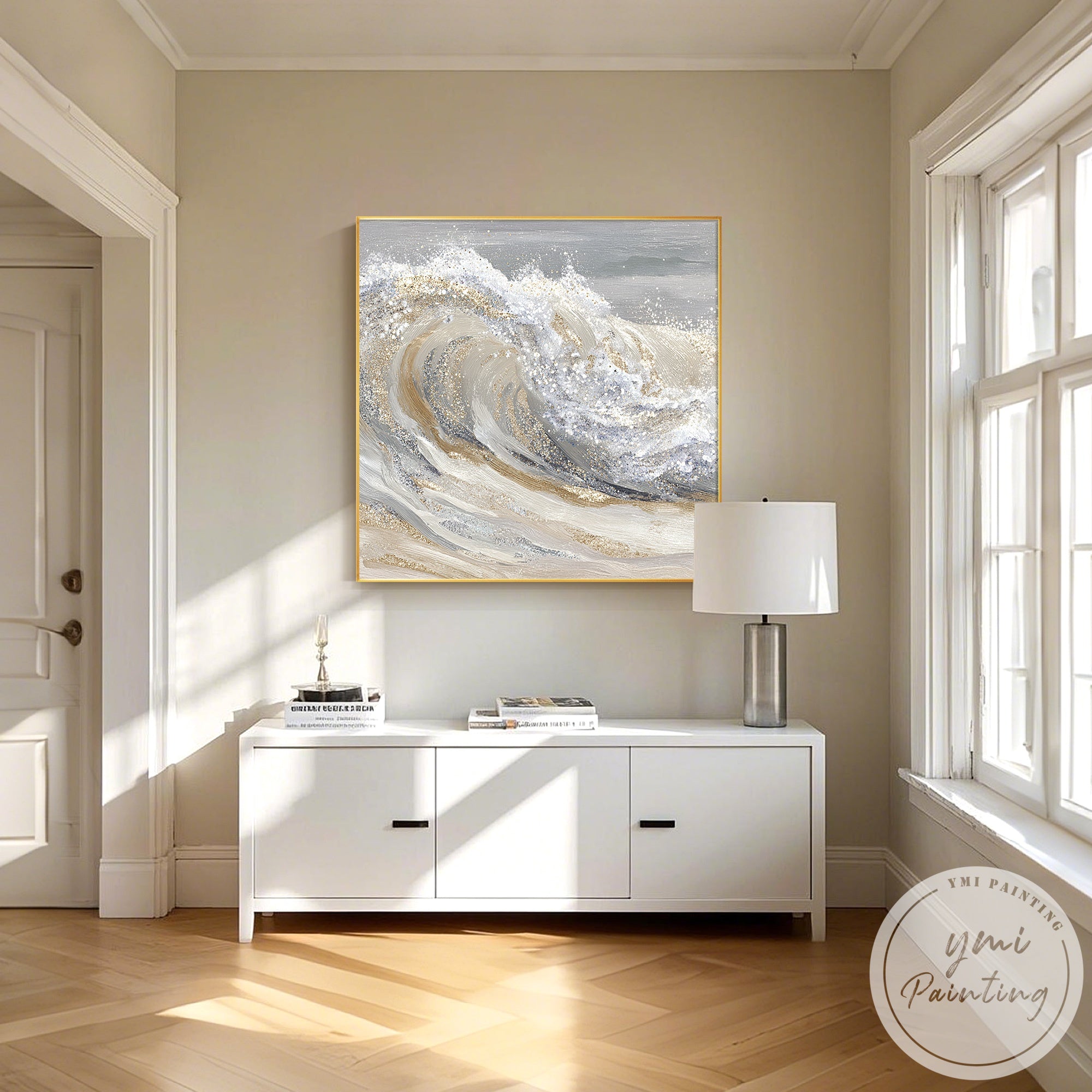 Textured abstract coastal painting in bright airy living room with natural light