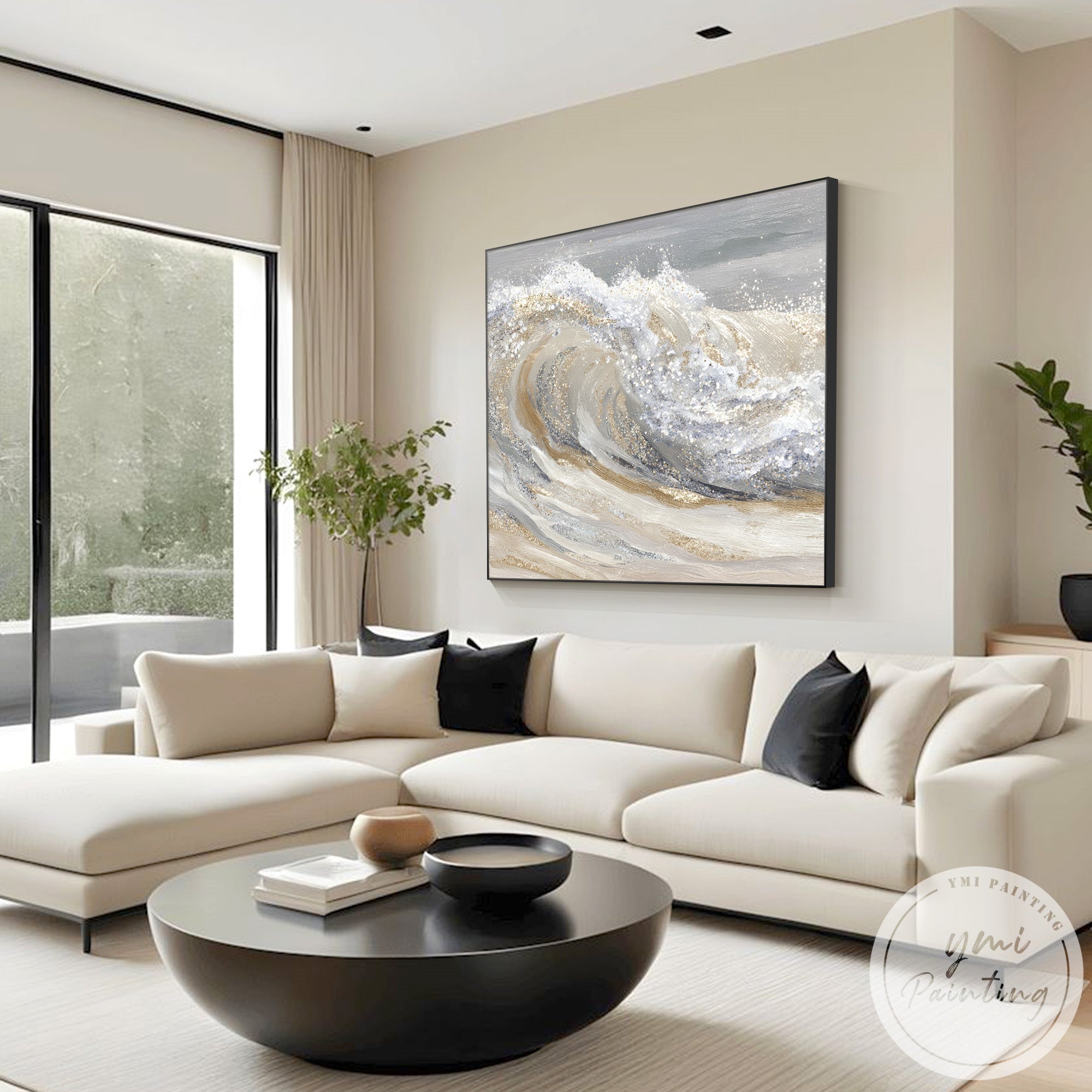 Luxury neutral wave canvas art in modern apartment living room interior design