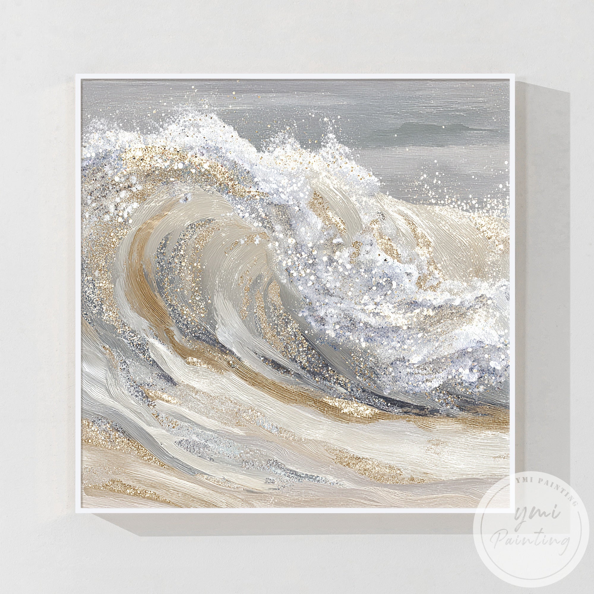 Large neutral ocean wave canvas art in open concept living and dining room