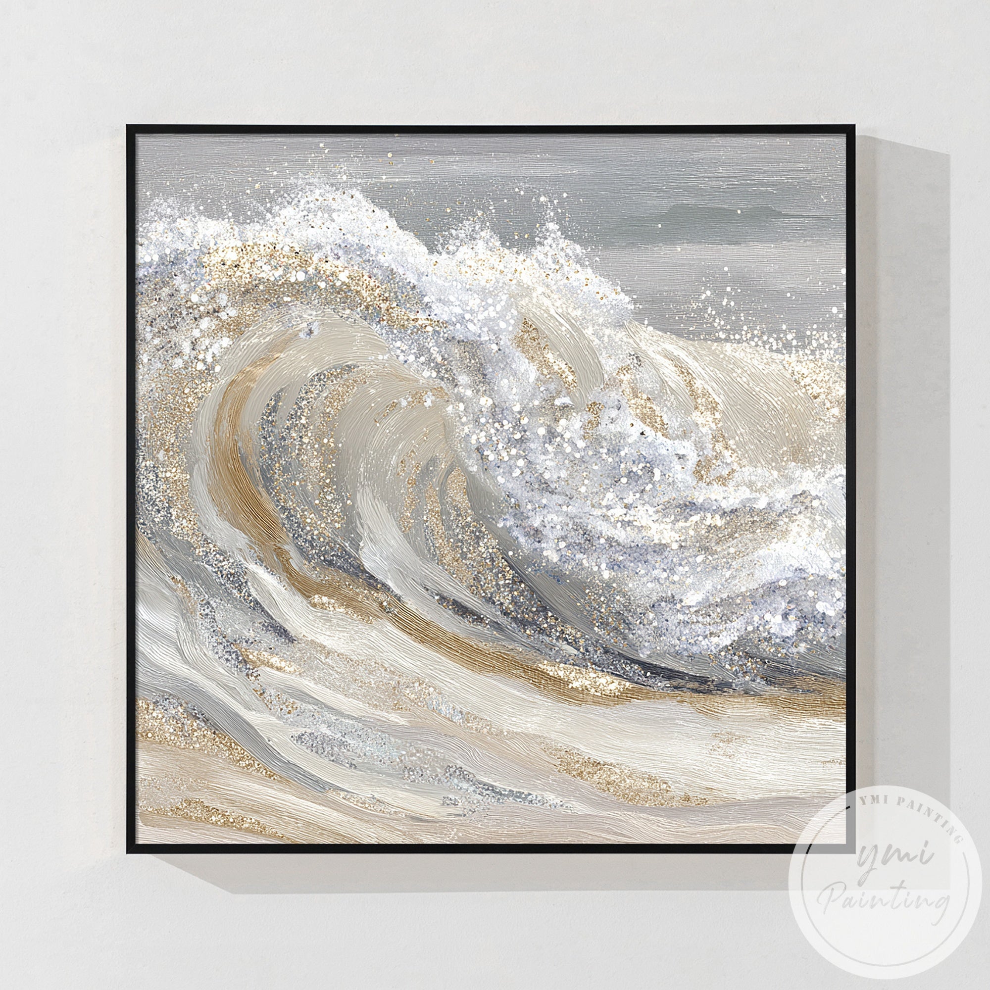 Large neutral ocean wave canvas art in open concept living and dining room