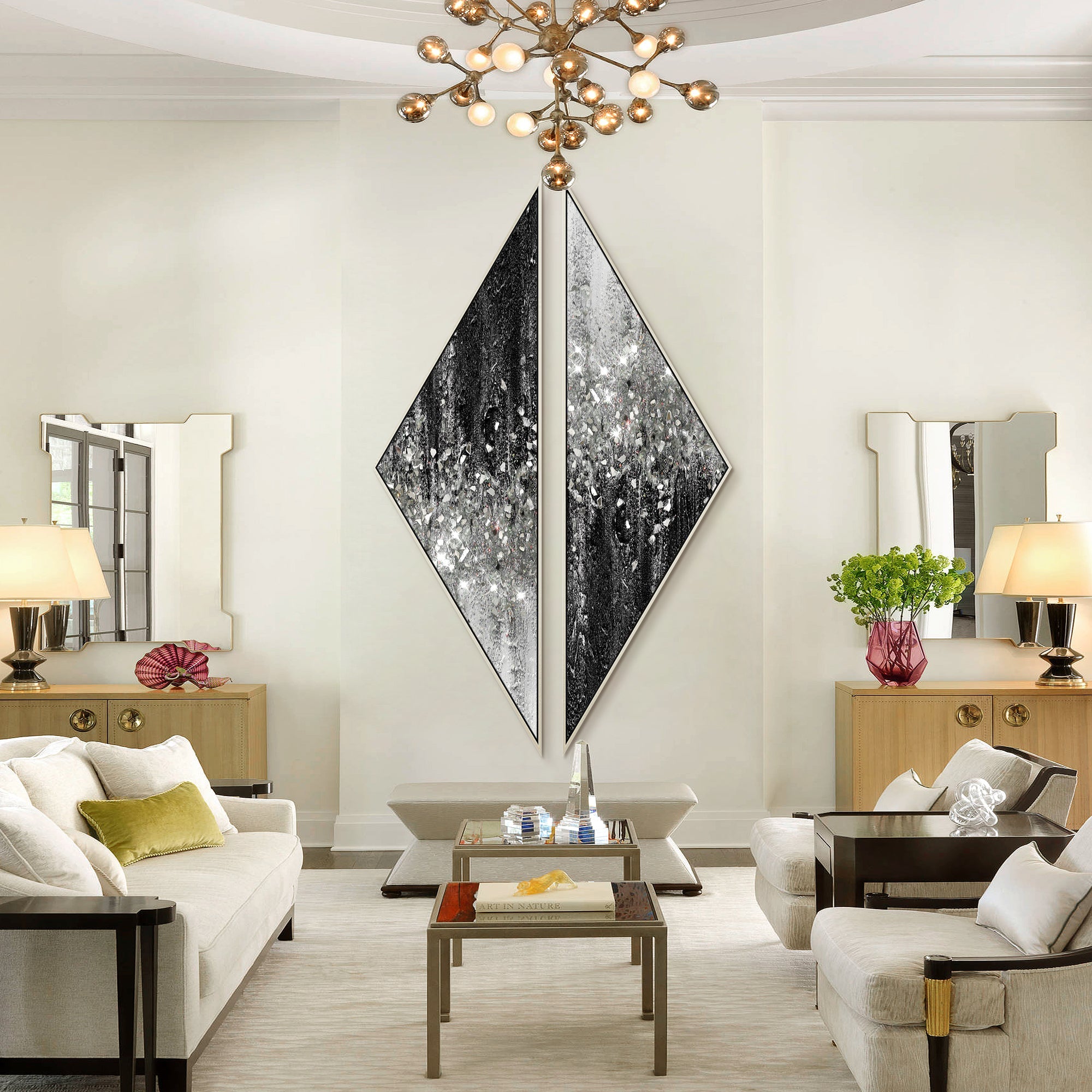 Two mirrored triangle abstract paintings featuring black and silver glitter gradient effects