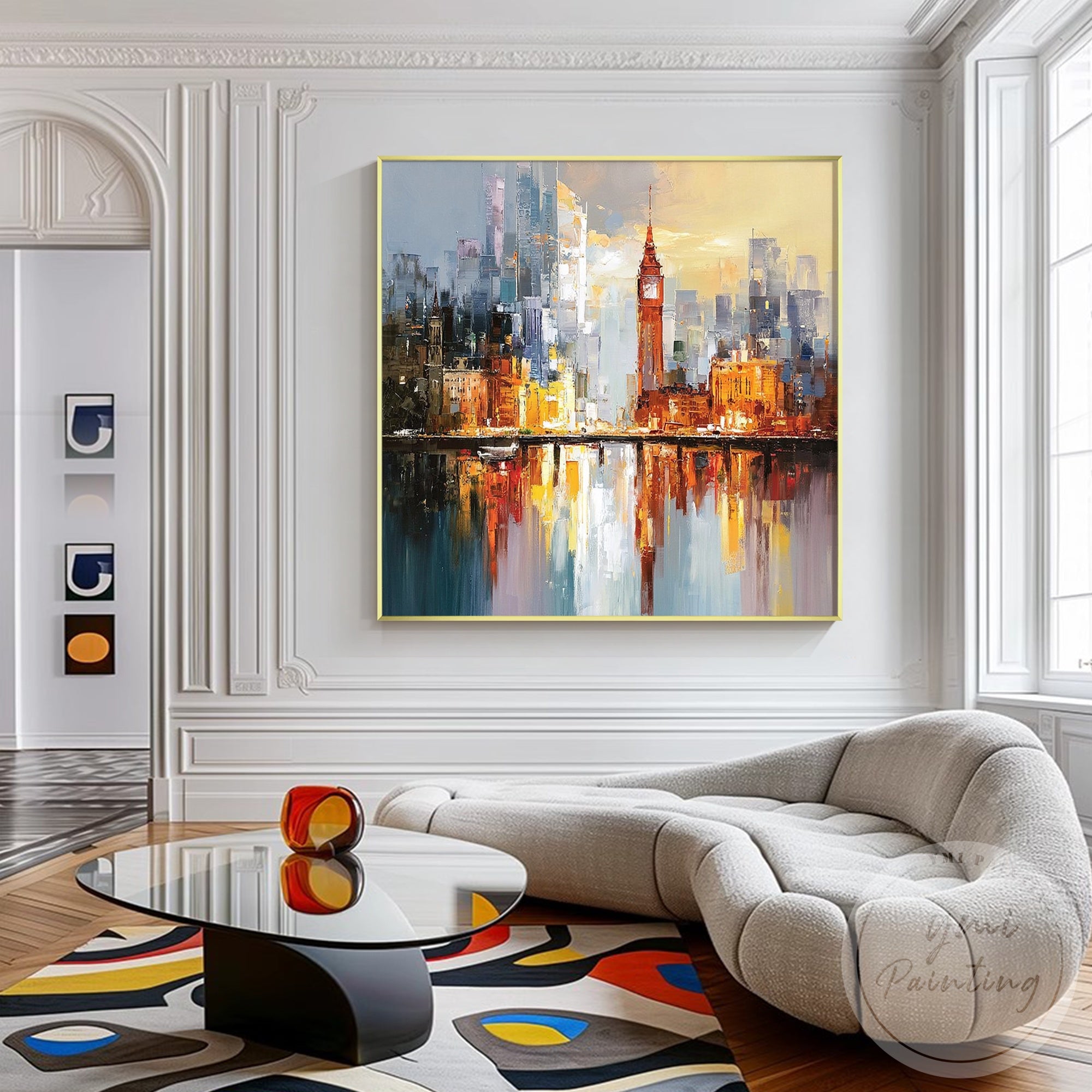 Modern cityscape wall art featuring Big Ben inspired clock tower