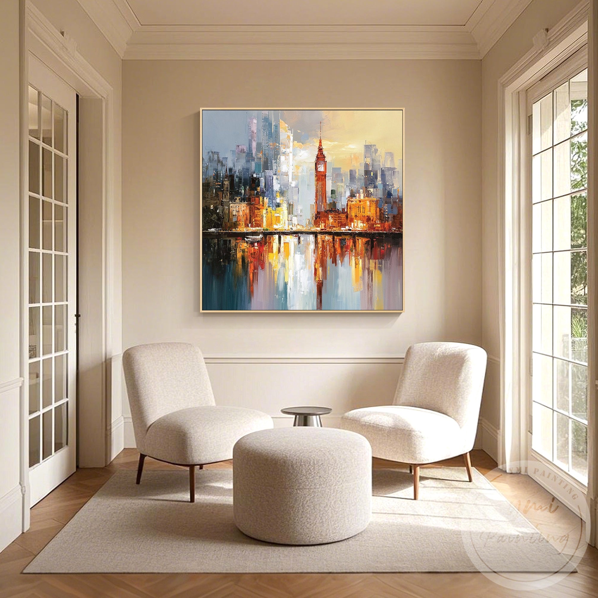 Abstract metropolitan skyline painting with glowing sunset sky