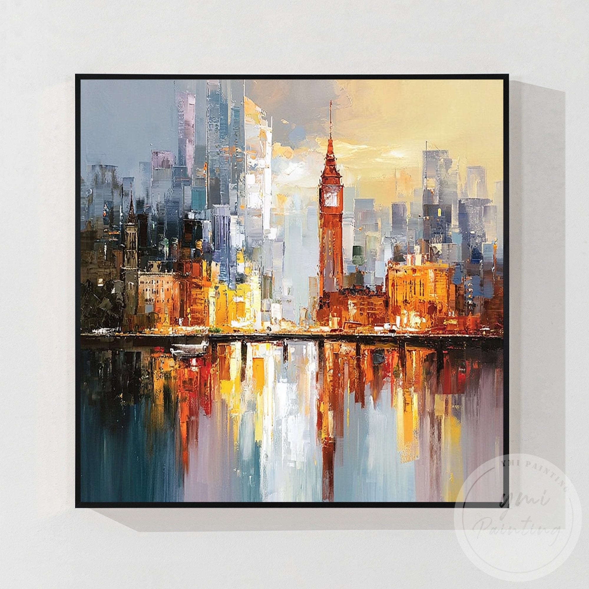 Golden sunset city skyline artwork with dramatic lighting