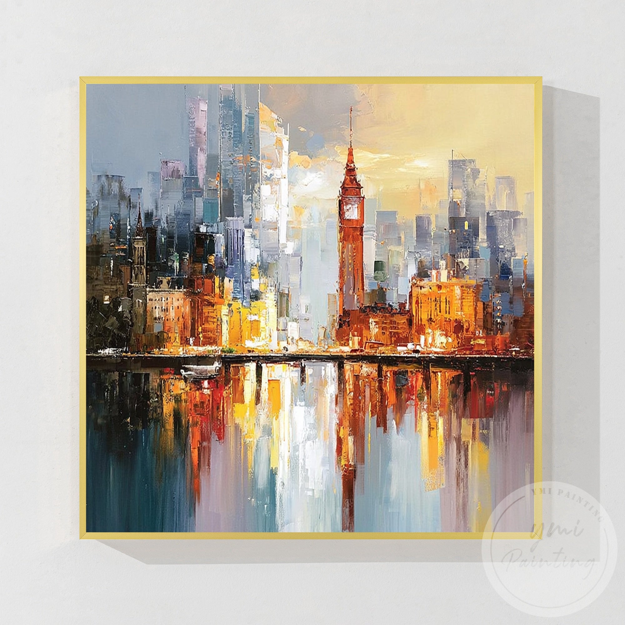 Abstract London skyline painting with golden sunset and river reflection