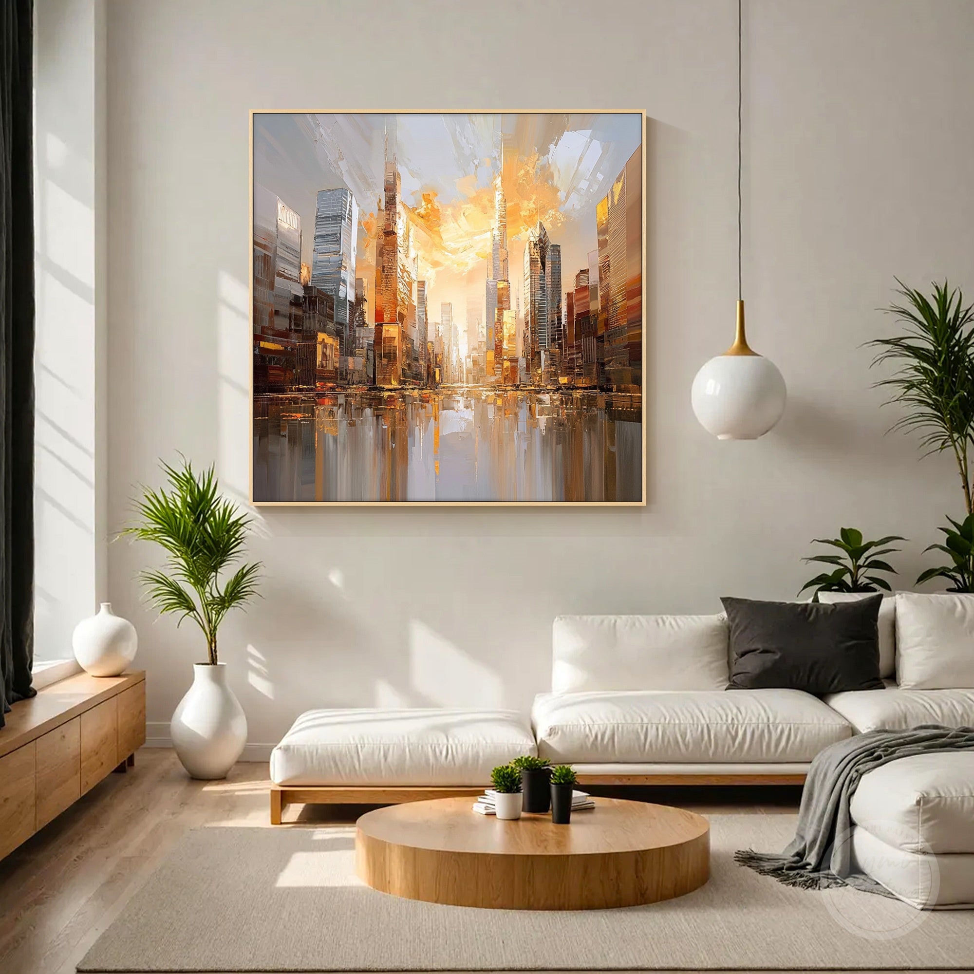 Urban landscape canvas featuring skyscrapers and reflections