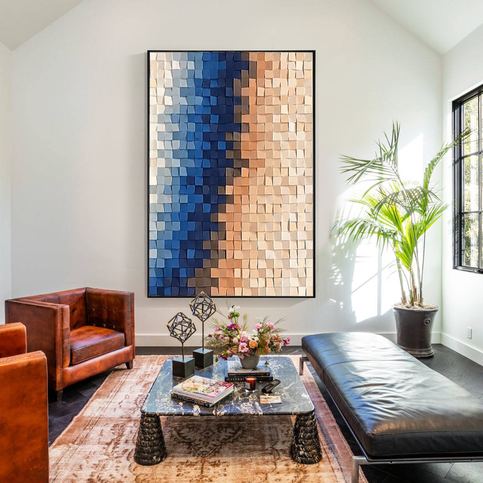 Three-dimensional wooden square art in blue and peach, enhancing texture and depth with a pixelated aesthetic, decorated the living room of mid-century style.