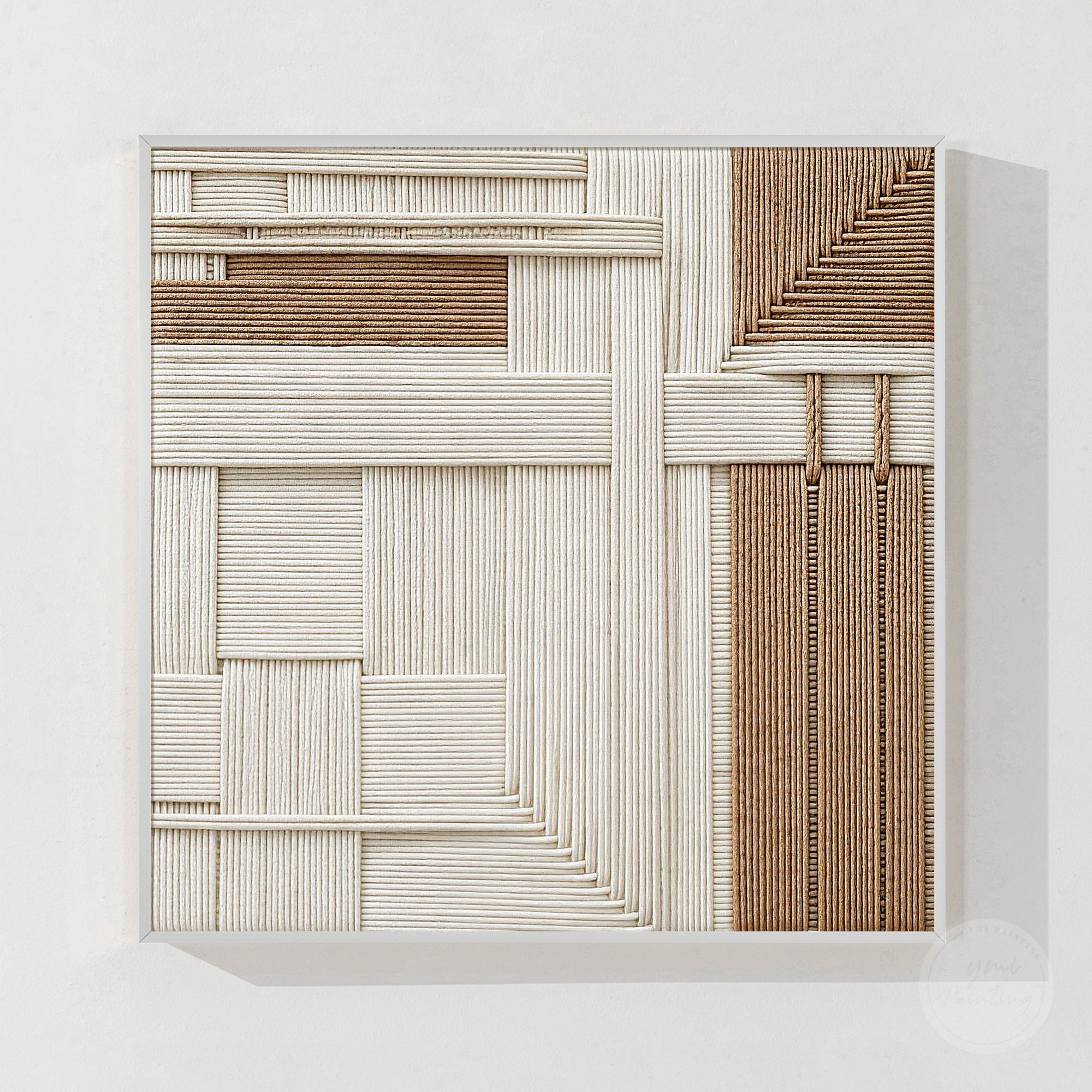 Handmade abstract textile wall art with geometric patterns