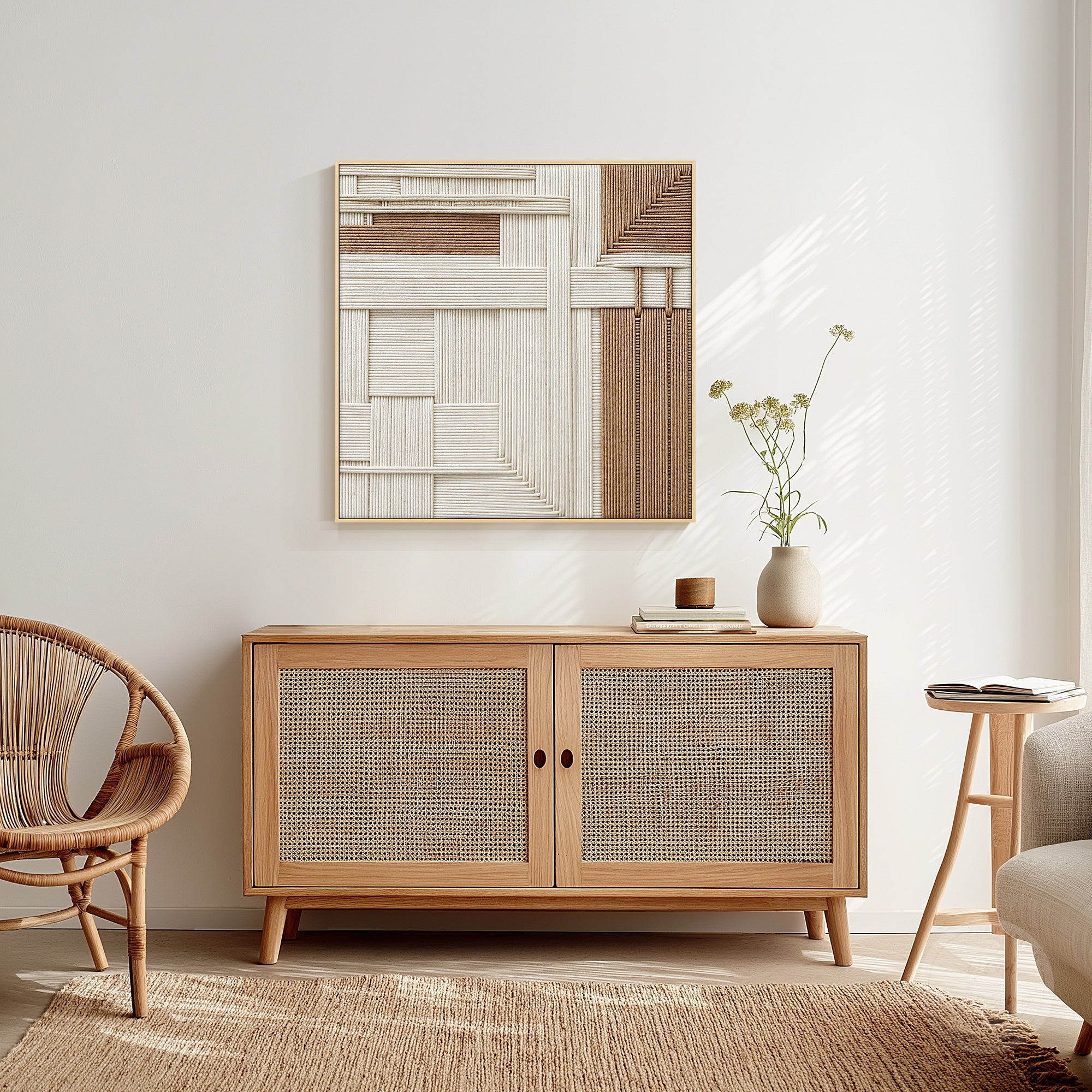 Minimalist abstract textile artwork with neutral colors