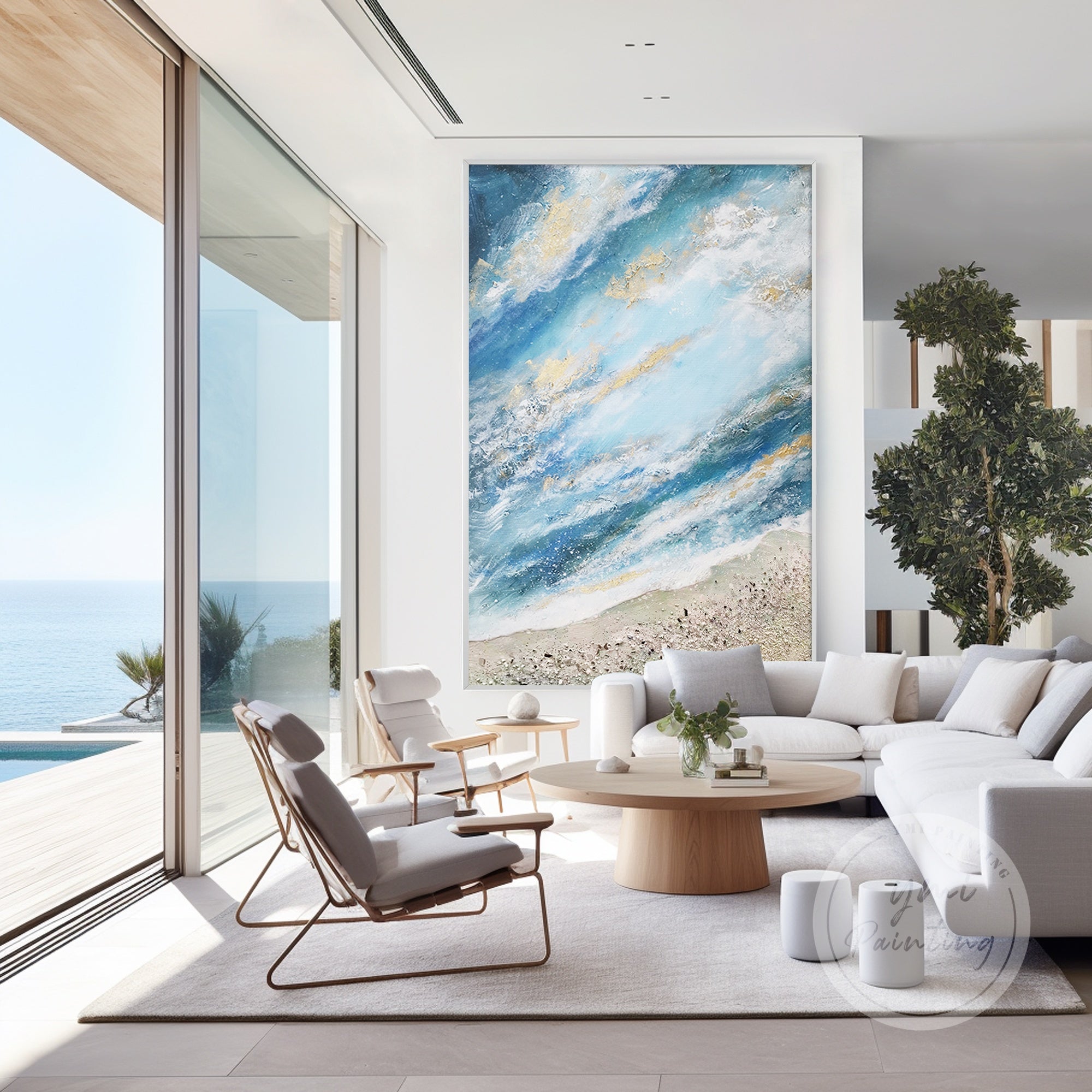 Stunning abstract coastal artwork featuring harmonious blue and gold tones, perfect for adding sophistication to modern decor.