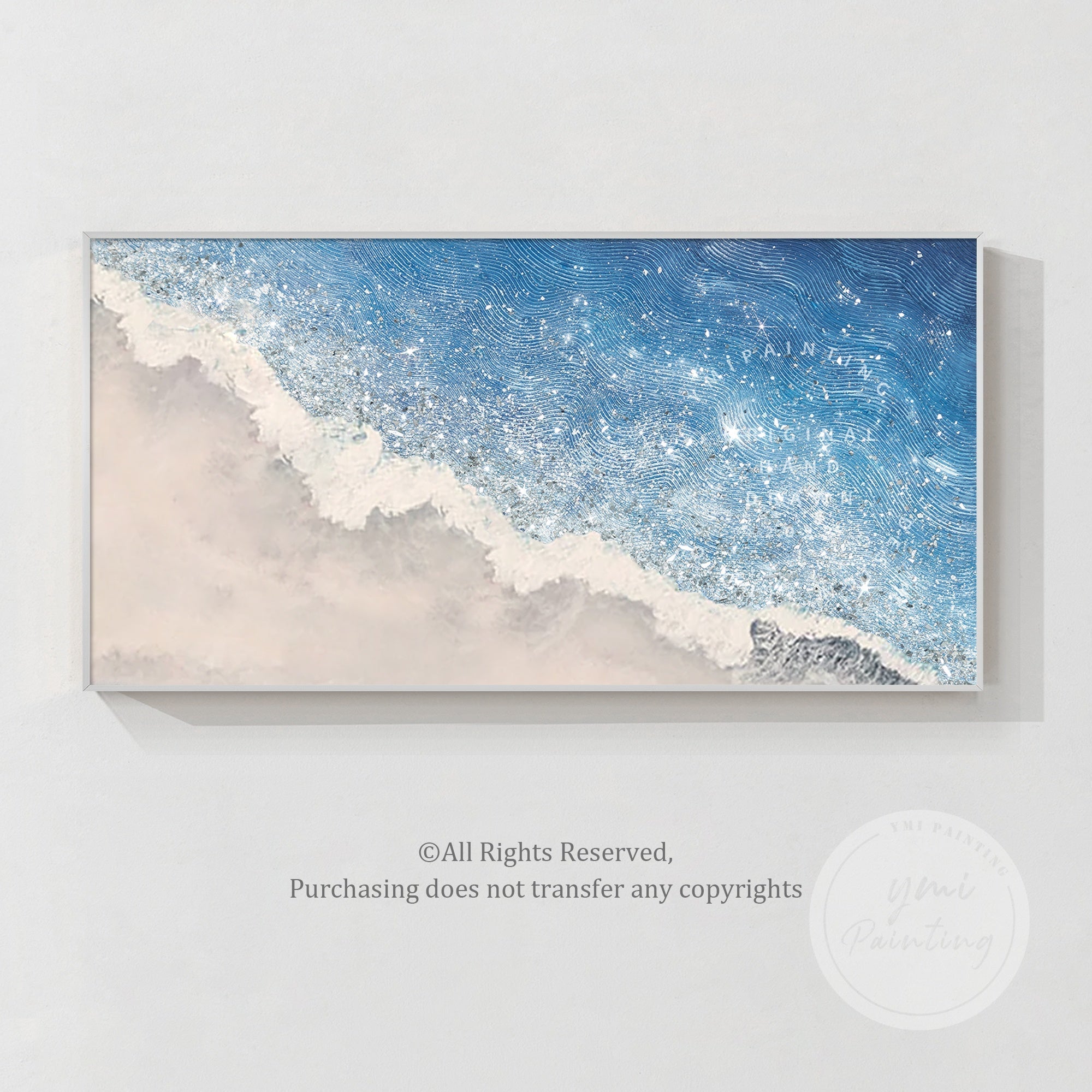 A minimalist beach scene featuring calming blue and gray tones, ideal for creating a warm interior design.