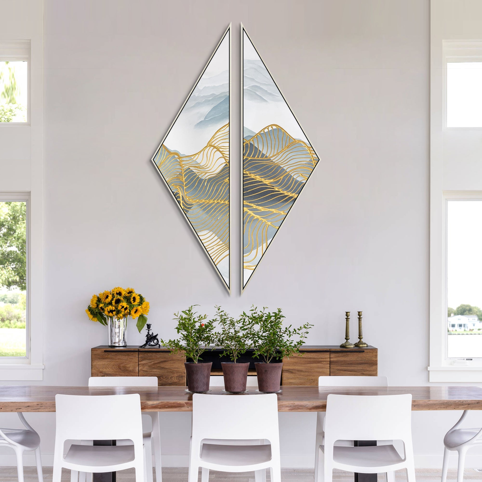 Modern geometric abstract painting combining mountains and waves