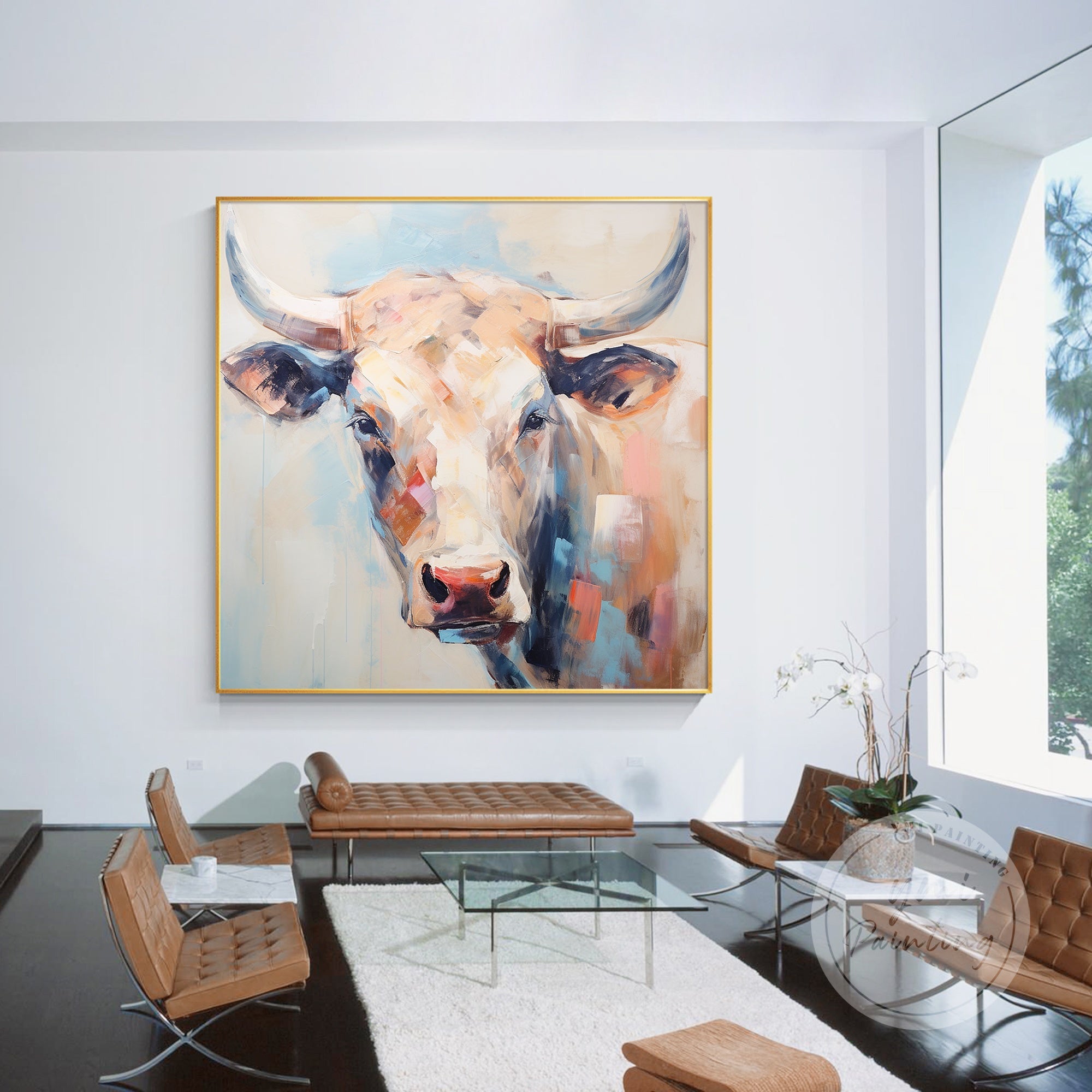 This vibrant cow painting adds warmth and charm to modern living rooms, featuring soft beige and blue tones with expressive brushstrokes.