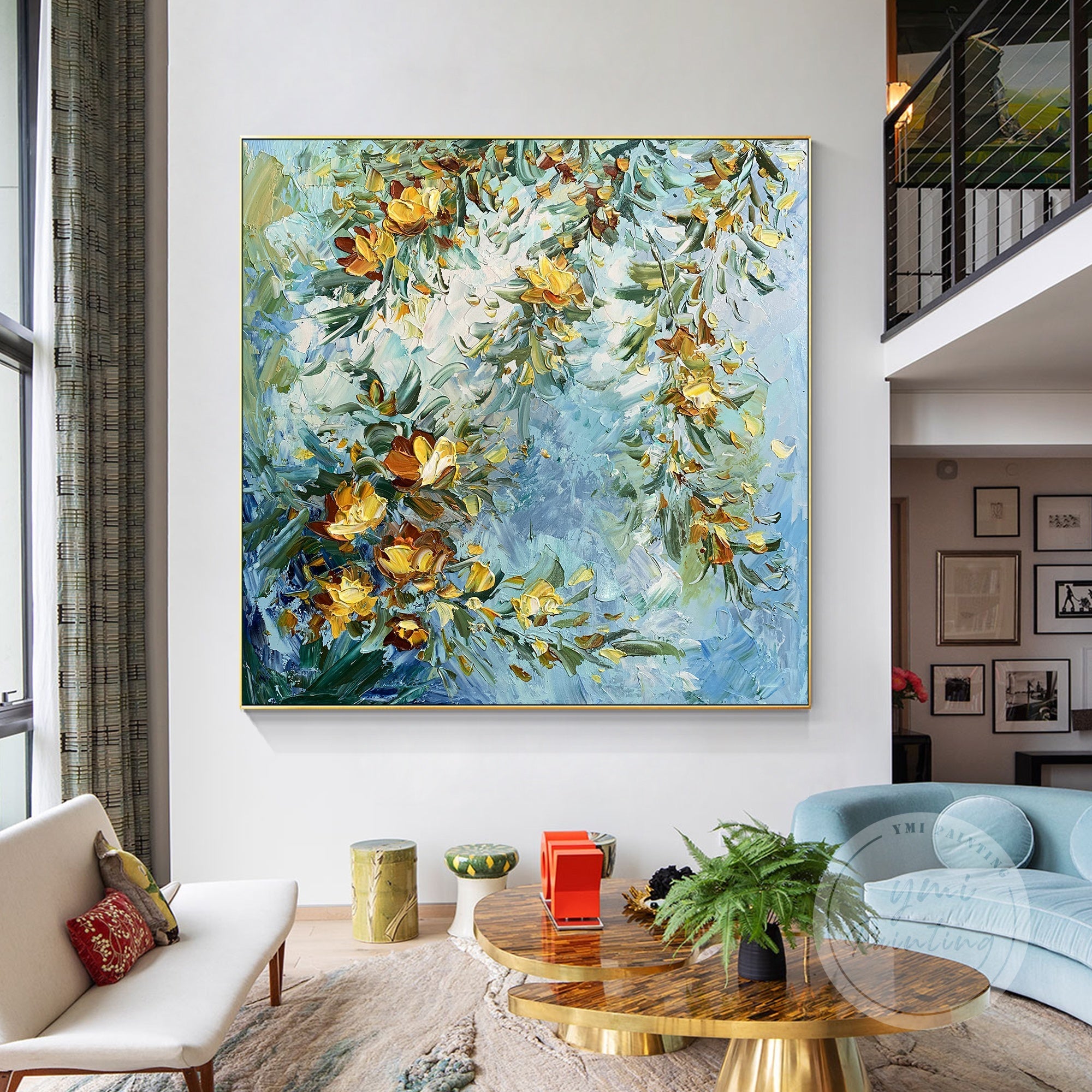 Textured yellow flowers and palette knife details bring modern sophistication, perfect for soft and warm bedroom settings.