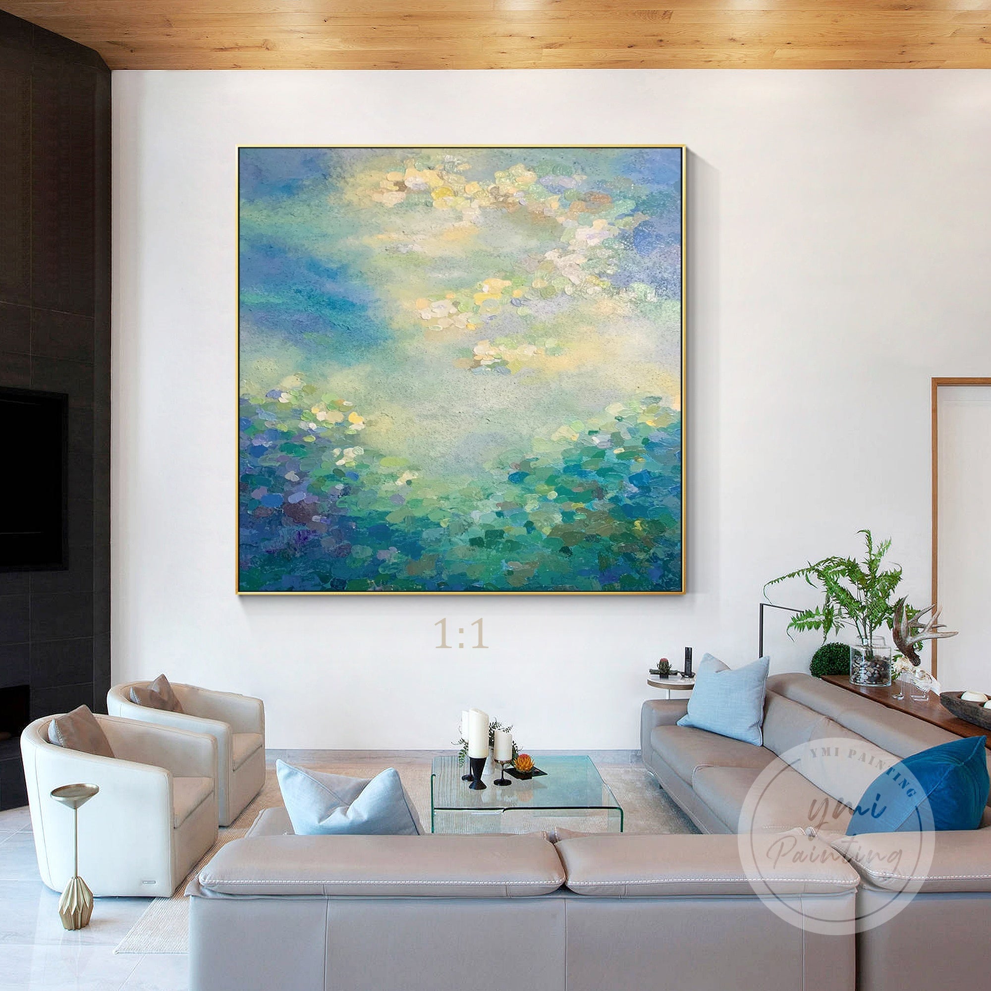 Monet-inspired abstract water lilies painting with pastel colors