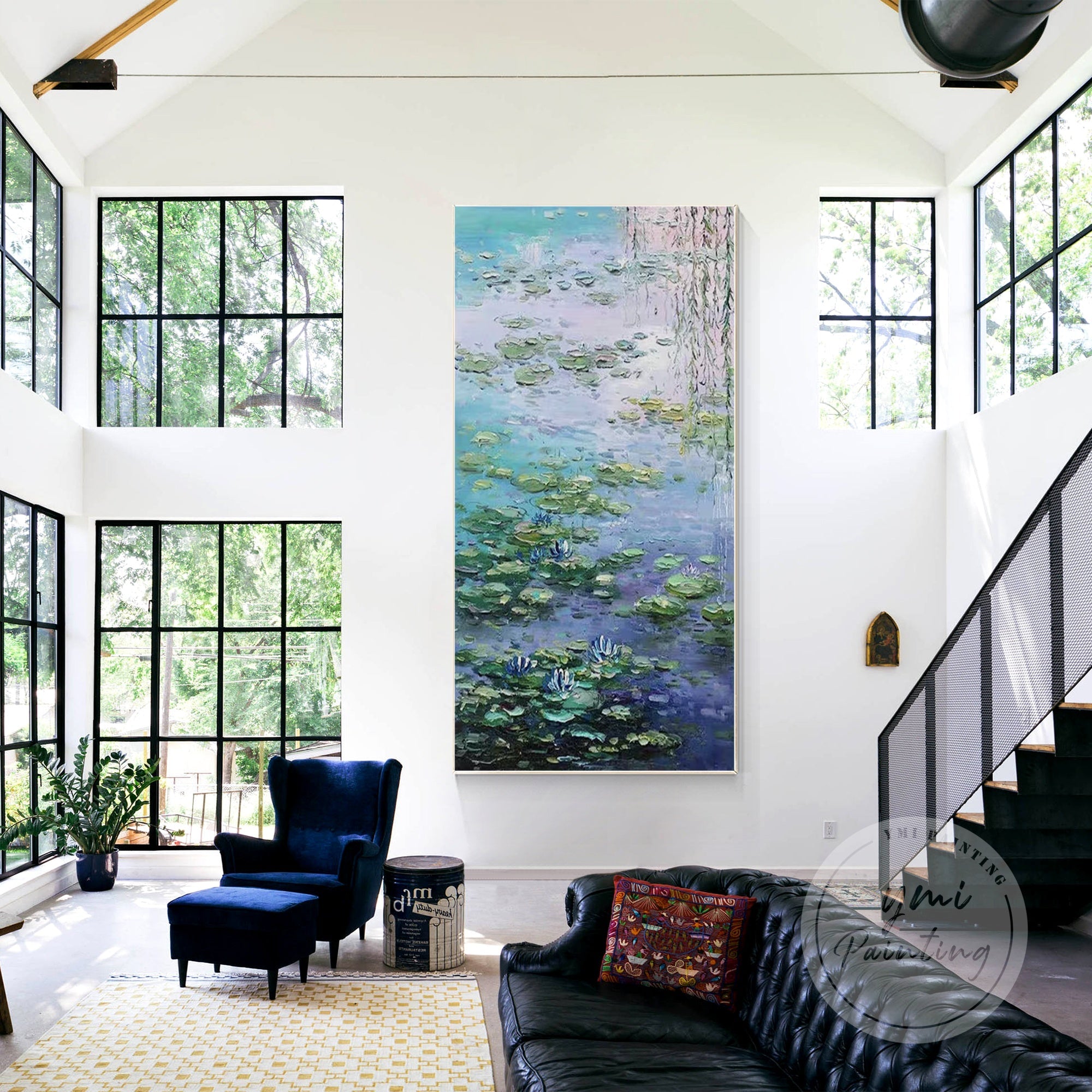 Pastel-toned Monet art featuring floating lotus flowers in a peaceful pond.